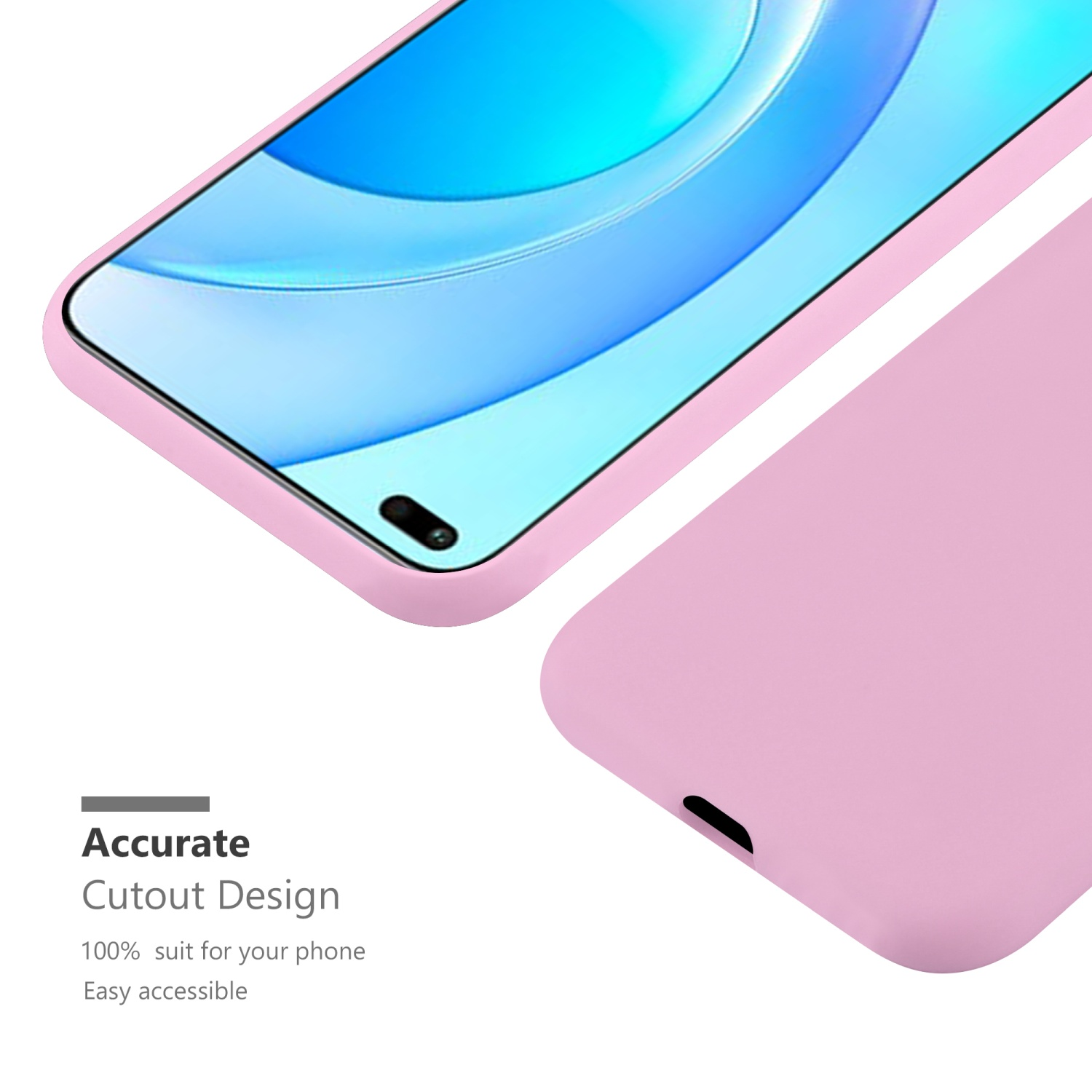 Una custodia per telefono rosa con un telefono rosa all'interno. Il telefono ha uno schermo e una fotocamera.