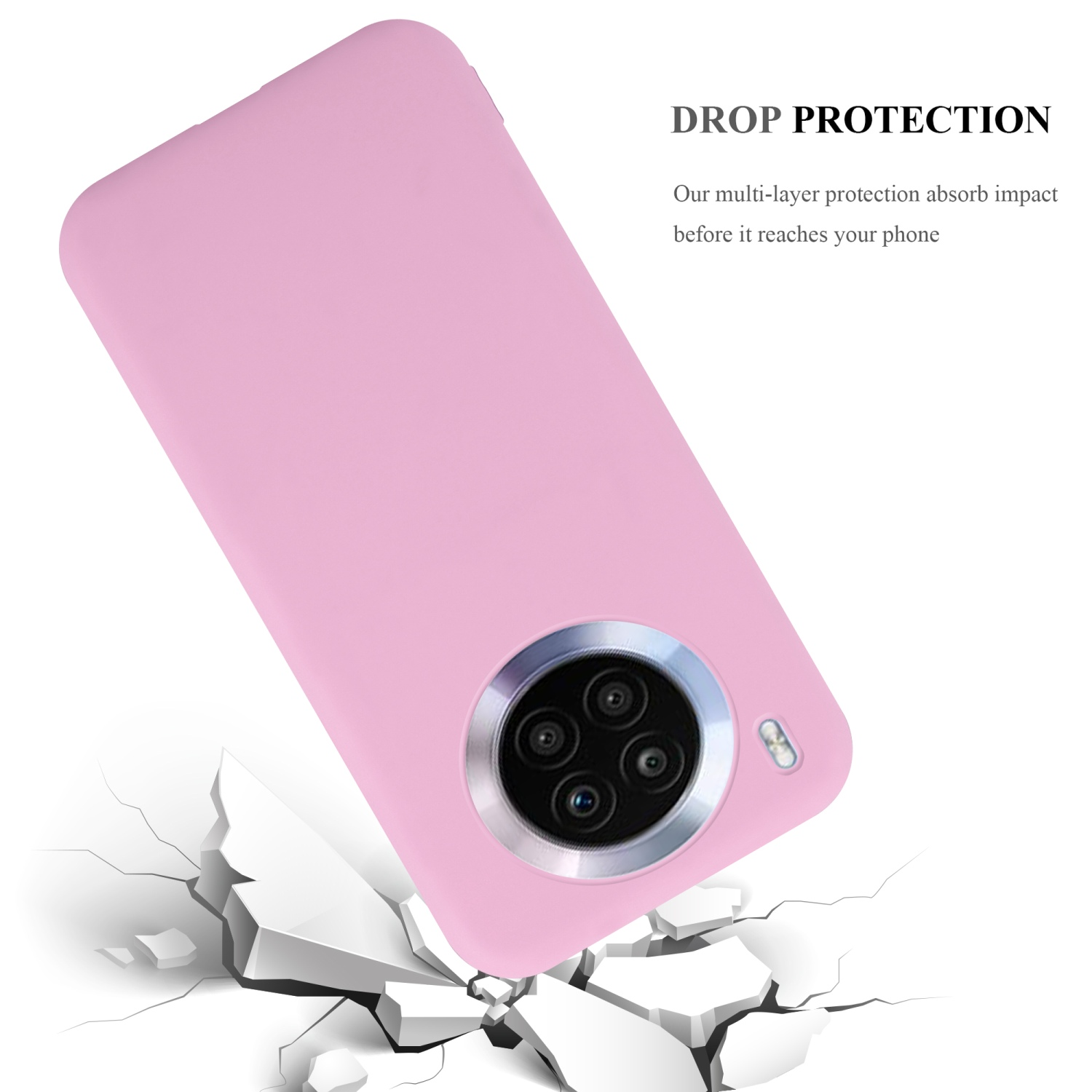 Una custodia per telefono rosa con un telefono sopra è inclinata. La custodia è su una superficie bianca che è incrinata come un terreno rotto.
