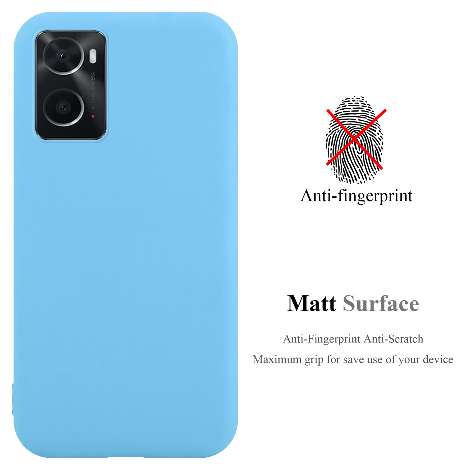Hellblaue Handyhülle. Zeigt Anti-Fingerabdruck- und matte Oberflächenmerkmale.