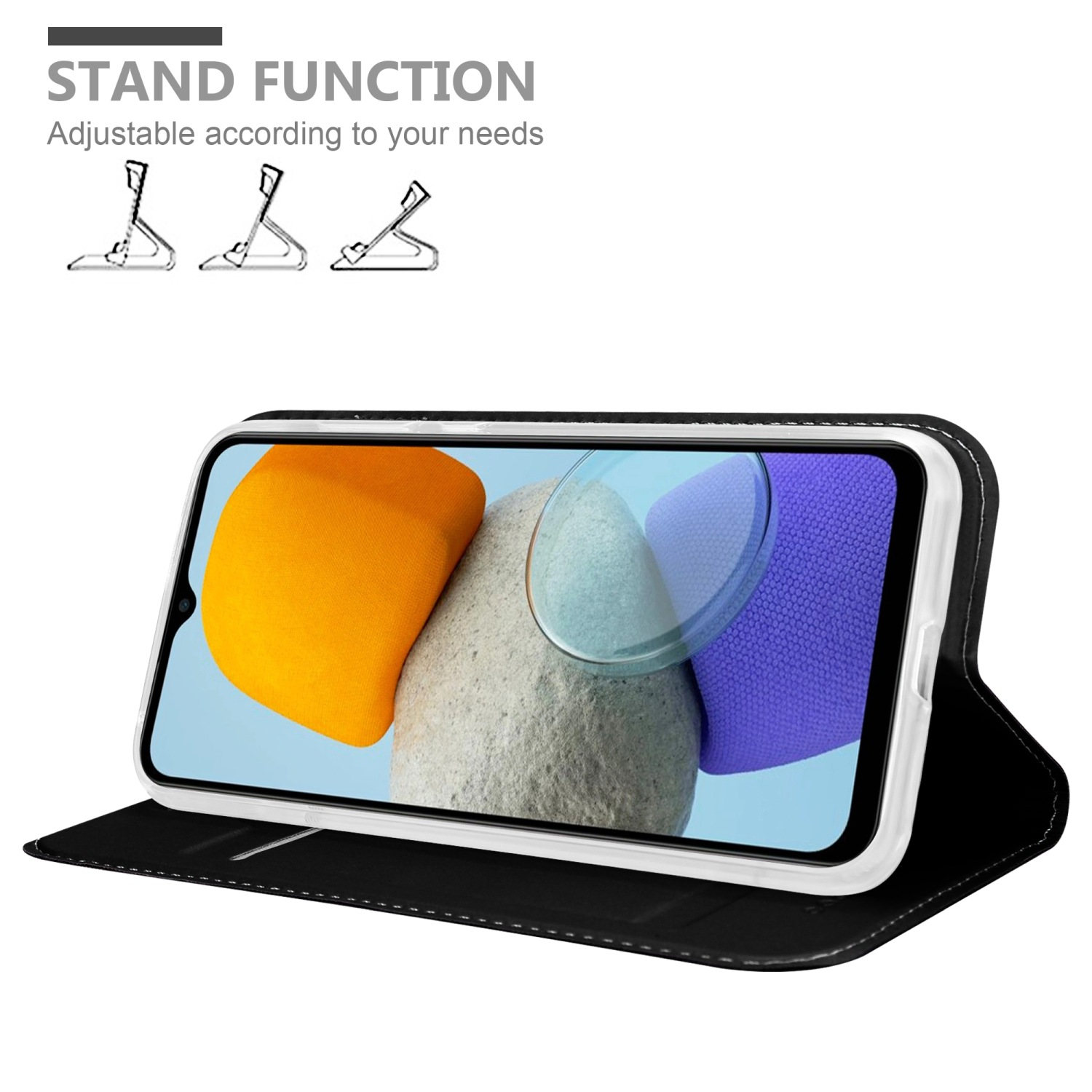 Telefono in una custodia nera, mostrato come supporto, con testo sulla funzione di supporto.