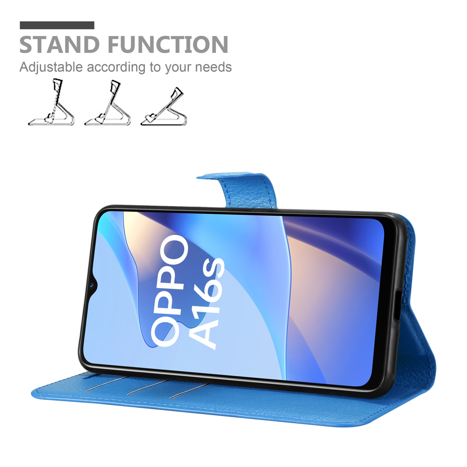 Custodia blu per telefono con telefono, in posizione verticale. Testo: Funzione supporto. Regolabile in base alle tue esigenze.