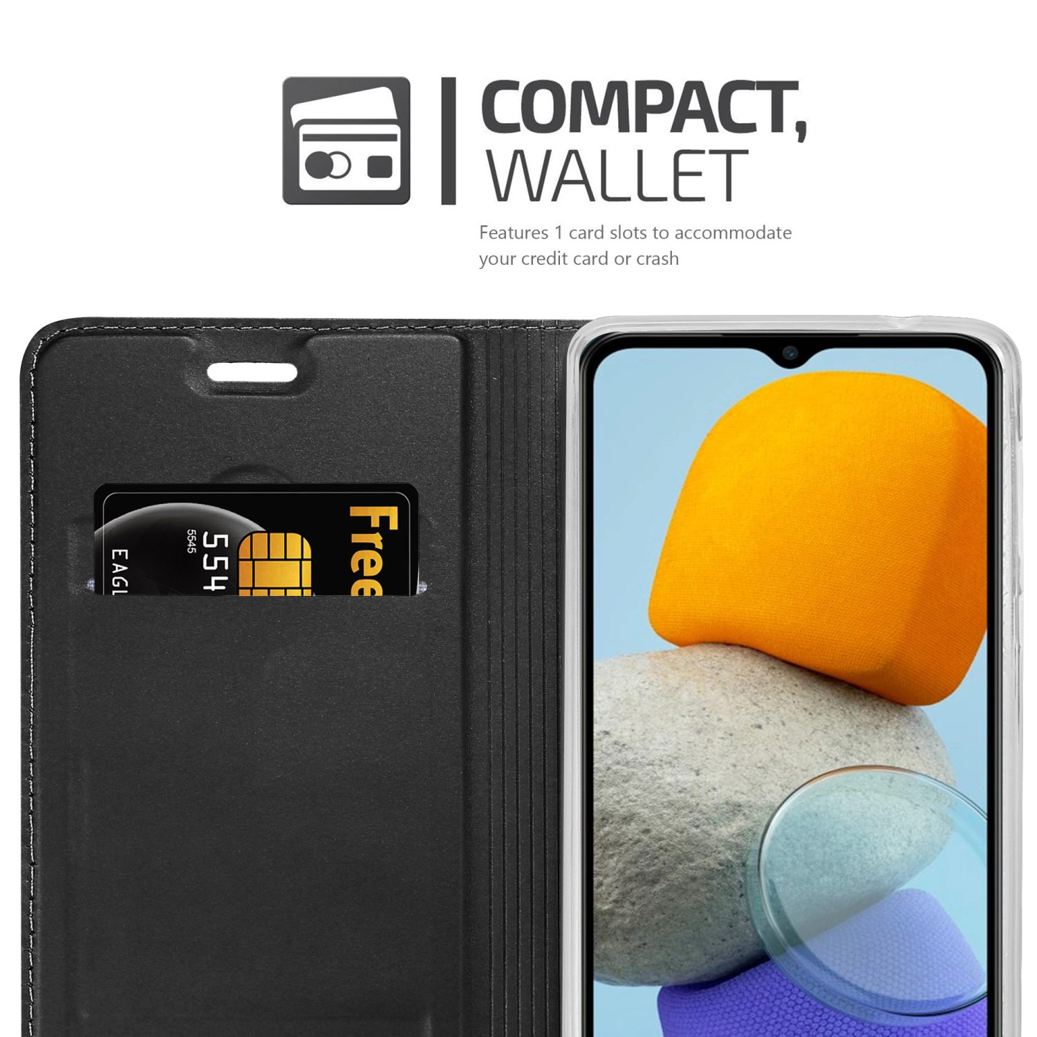 Custodia nera con fessura per carta di credito e telefono. Testo: COMPACT, WALLET.
