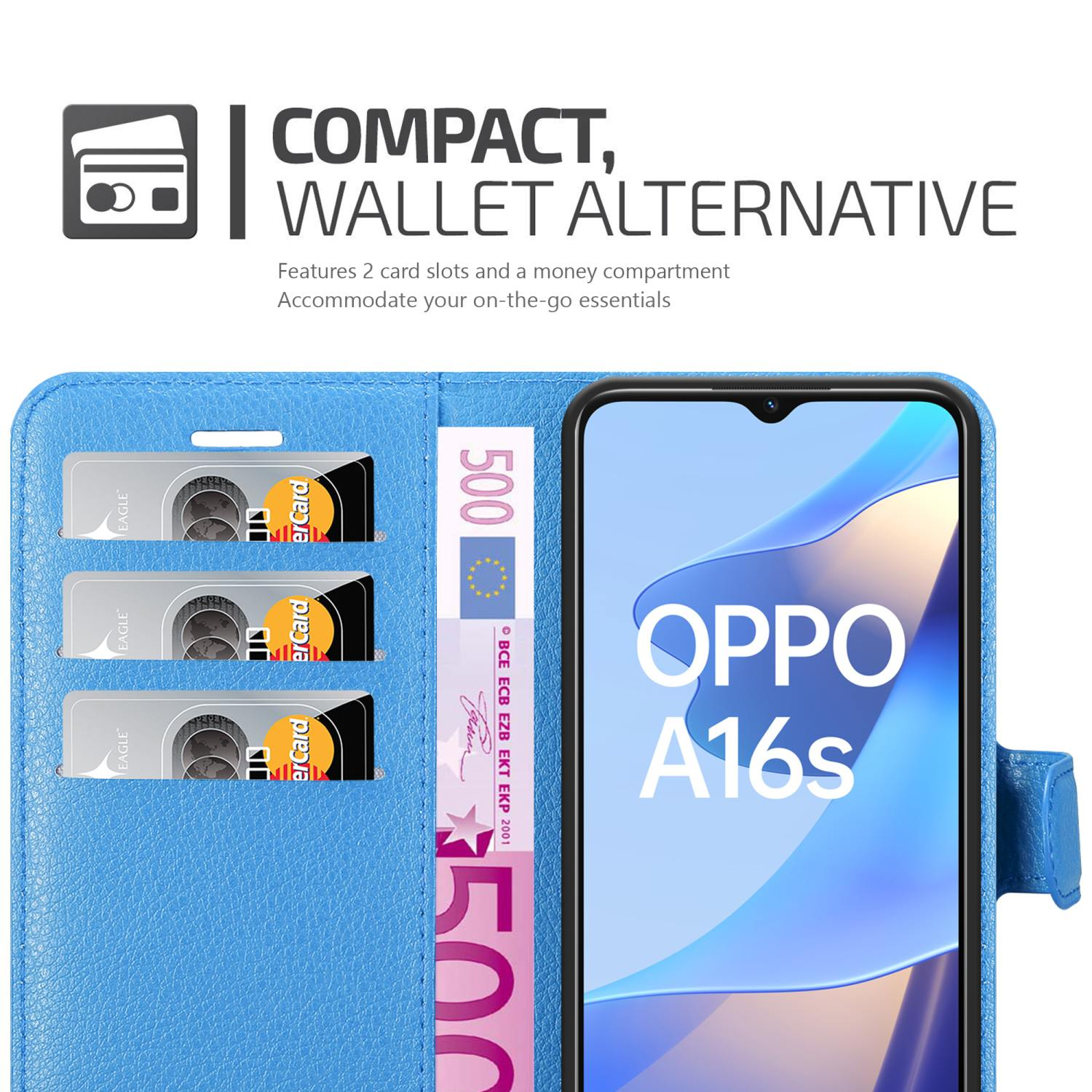 Custodia a portafoglio per telefono blu con slot per carte e scomparto per denaro, che contiene carte e una banconota da 500 euro.