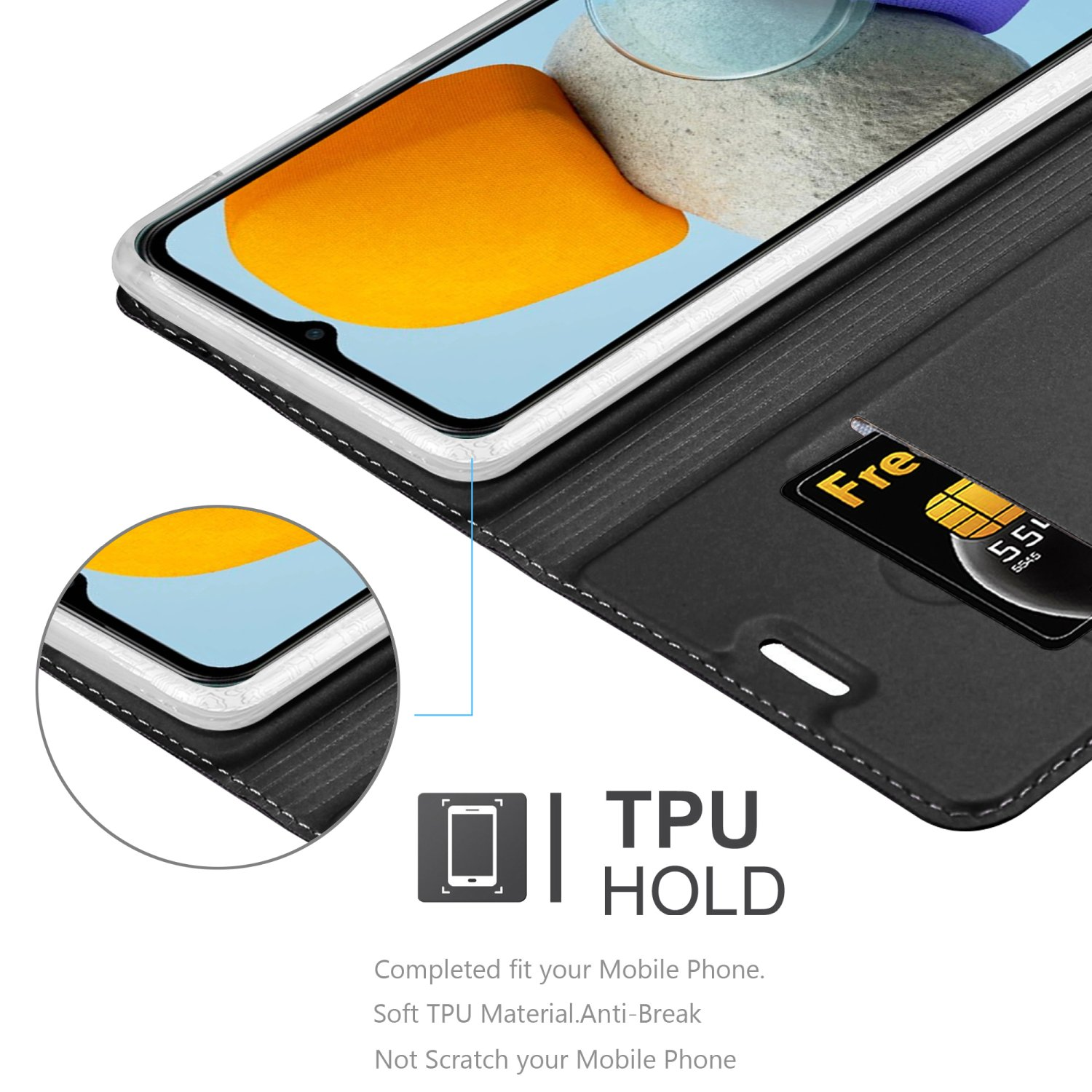Custodia nera per telefono con telefono all'interno, con fessura per carte. Testo TPU HOLD visibile.
