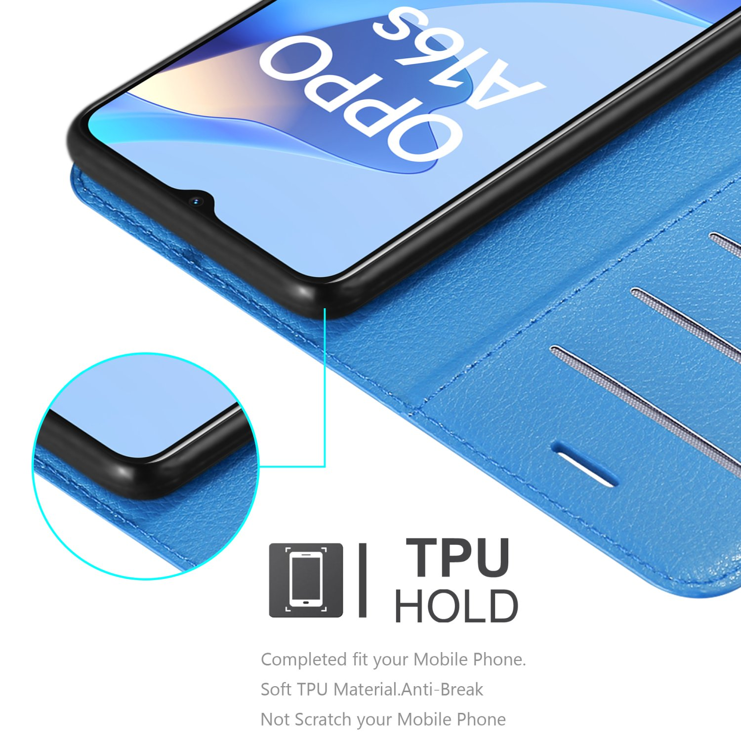 Custodia blu, aperta. Telefono all'interno. Testo: Supporto TPU.