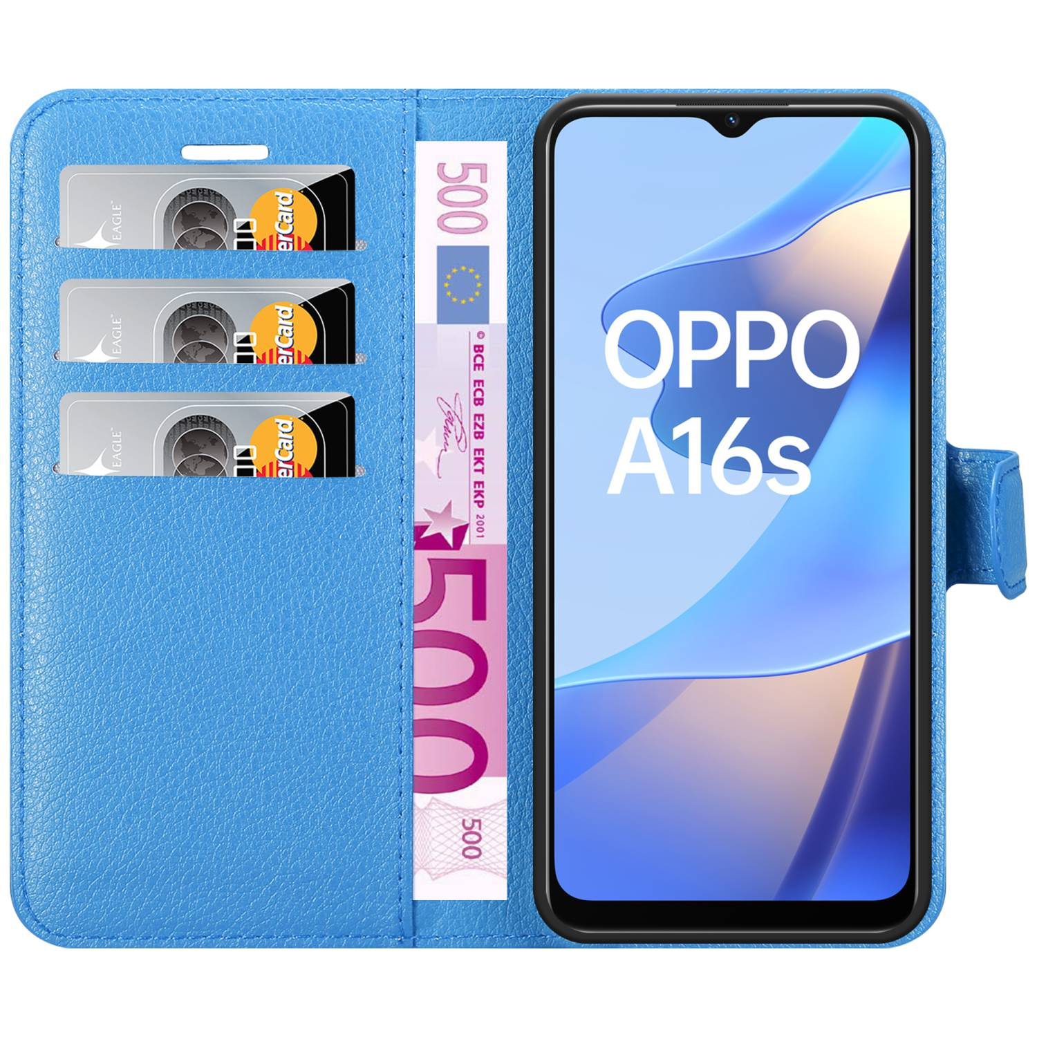 Custodia per telefono blu con un telefono all'interno. Sono visibili tre slot per carte, con carte e denaro.