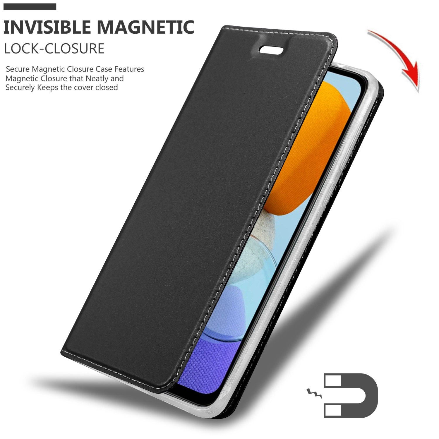 Custodia per telefono nera con copertina a ribalta, che mostra un telefono con schermo arancione e blu.