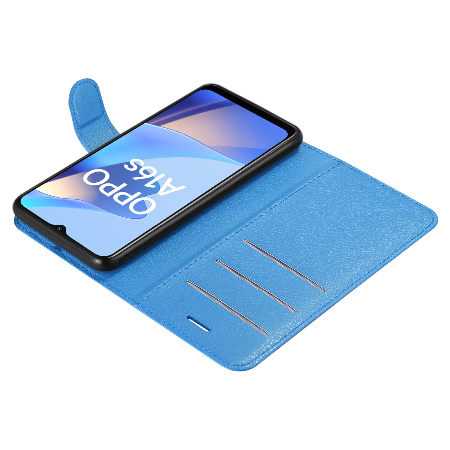 Telefono in una custodia a portafoglio blu aperta.