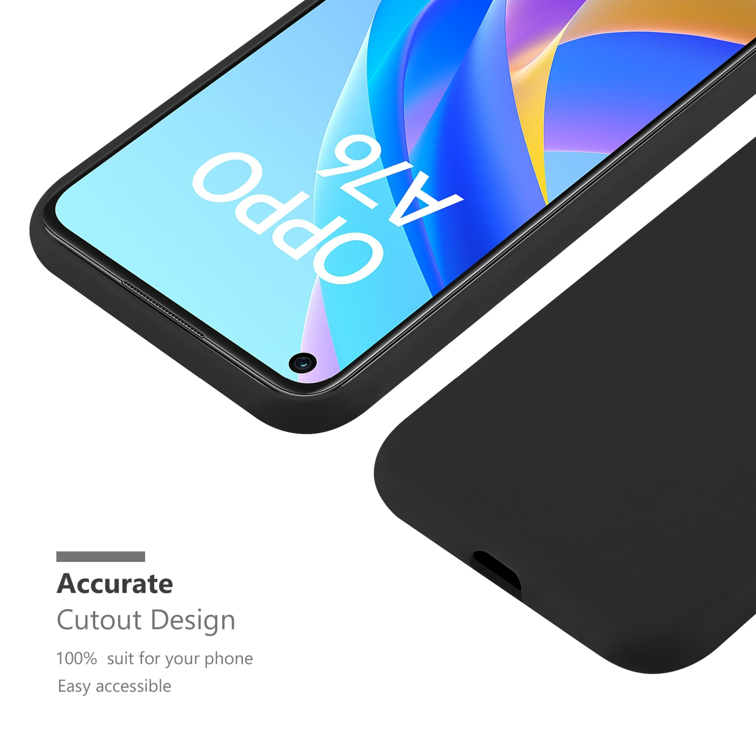 Schwarze Handyhülle, Nahaufnahme des Telefons. Text: Präzises Ausschnitt-Design. Weißer Hintergrund.