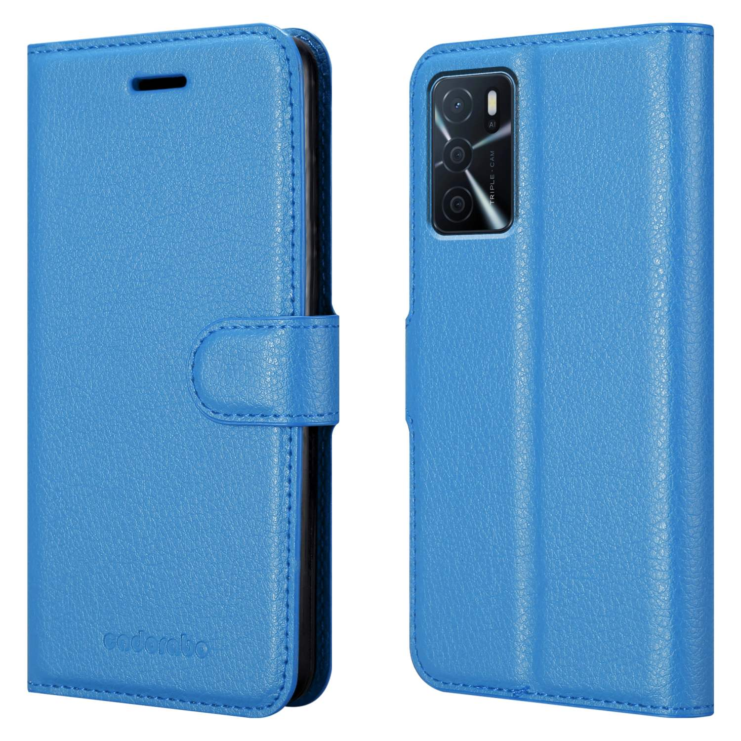 Custodia per telefono blu con un telefono all'interno. Due viste: chiusa e aperta. Il testo recita "coderabo" sulla custodia.