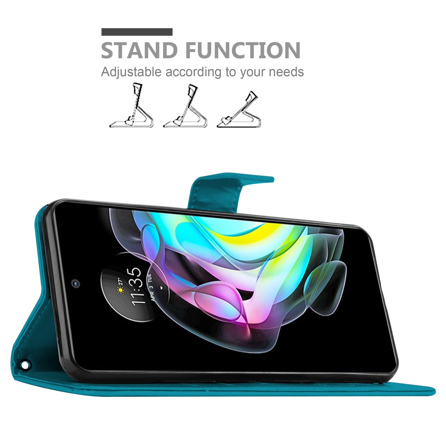 Custodia per telefono color verde acqua con un telefono all'interno, configurata come supporto. Il telefono è in mostra.