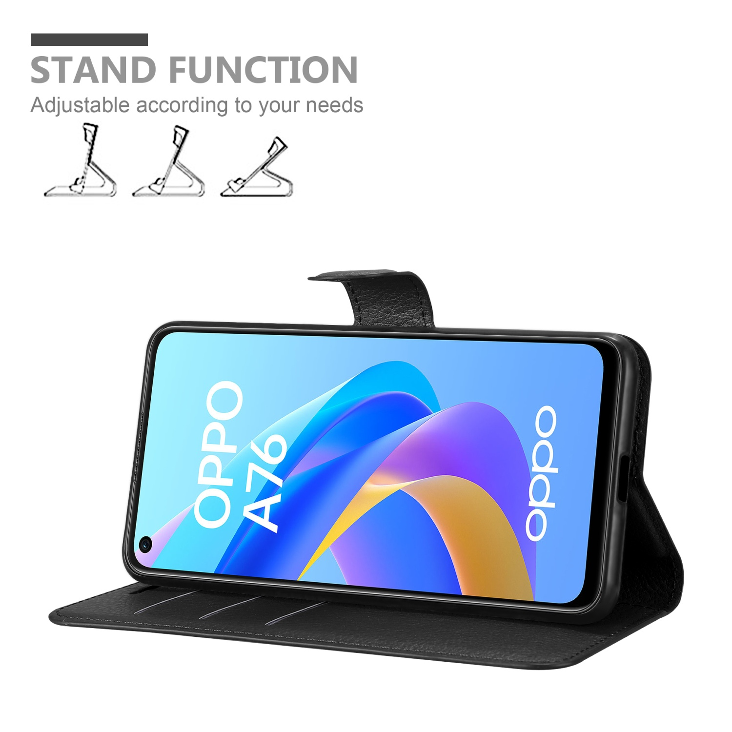 Custodia per telefono nera aperta, con un telefono all'interno. Il telefono ha un logo OPPO A76.