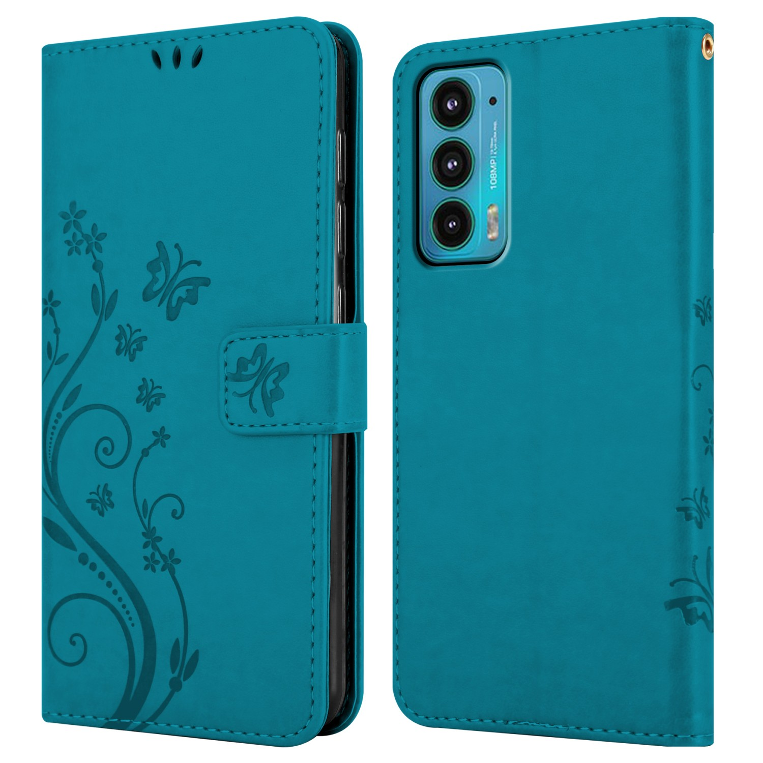 Custodia verde acqua, aperta, con telefono dentro. Design floreale e farfalle. Tre fotocamere.