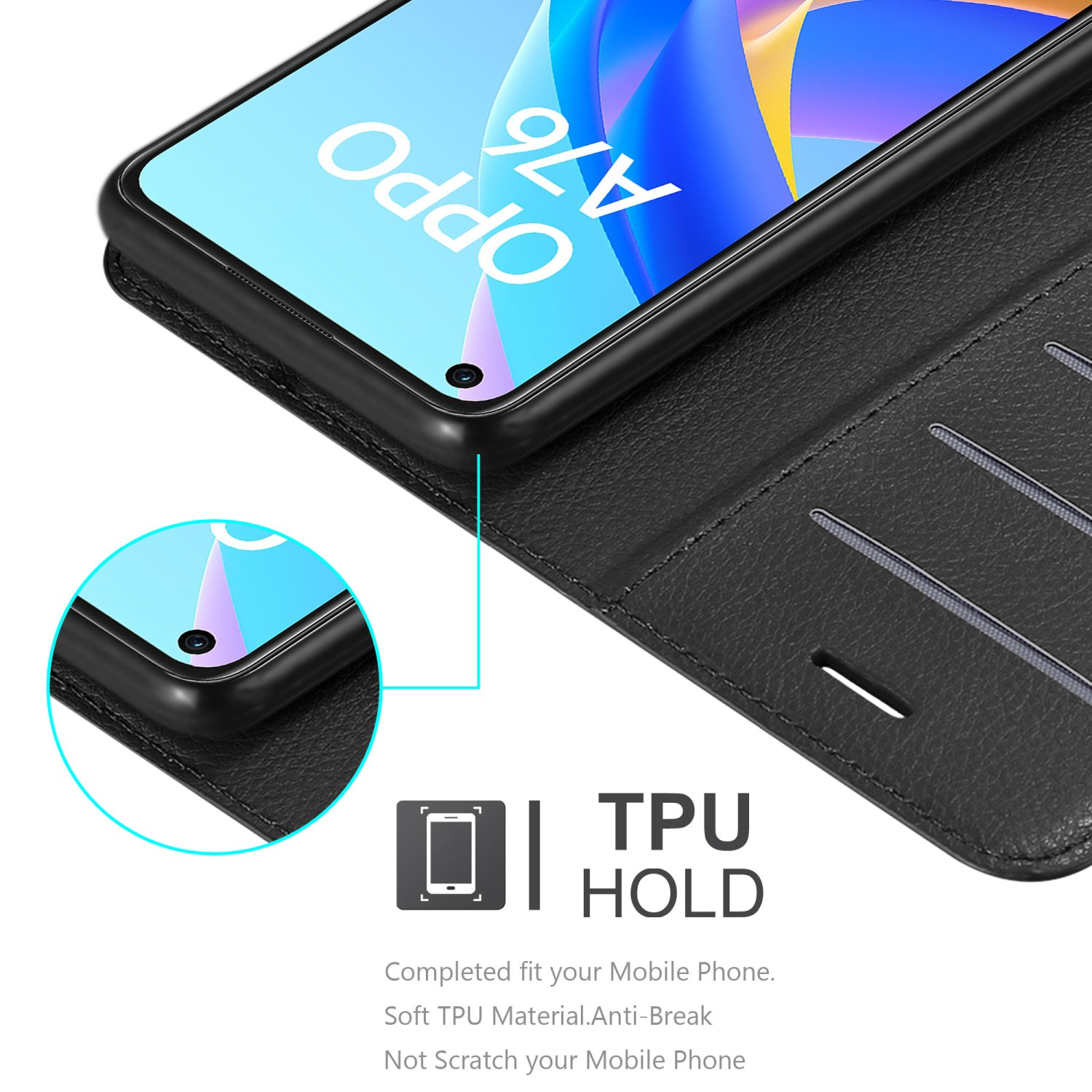 Custodia per telefono nera con telefono all'interno e testo e logo TPU HOLD, con sfondo bianco.