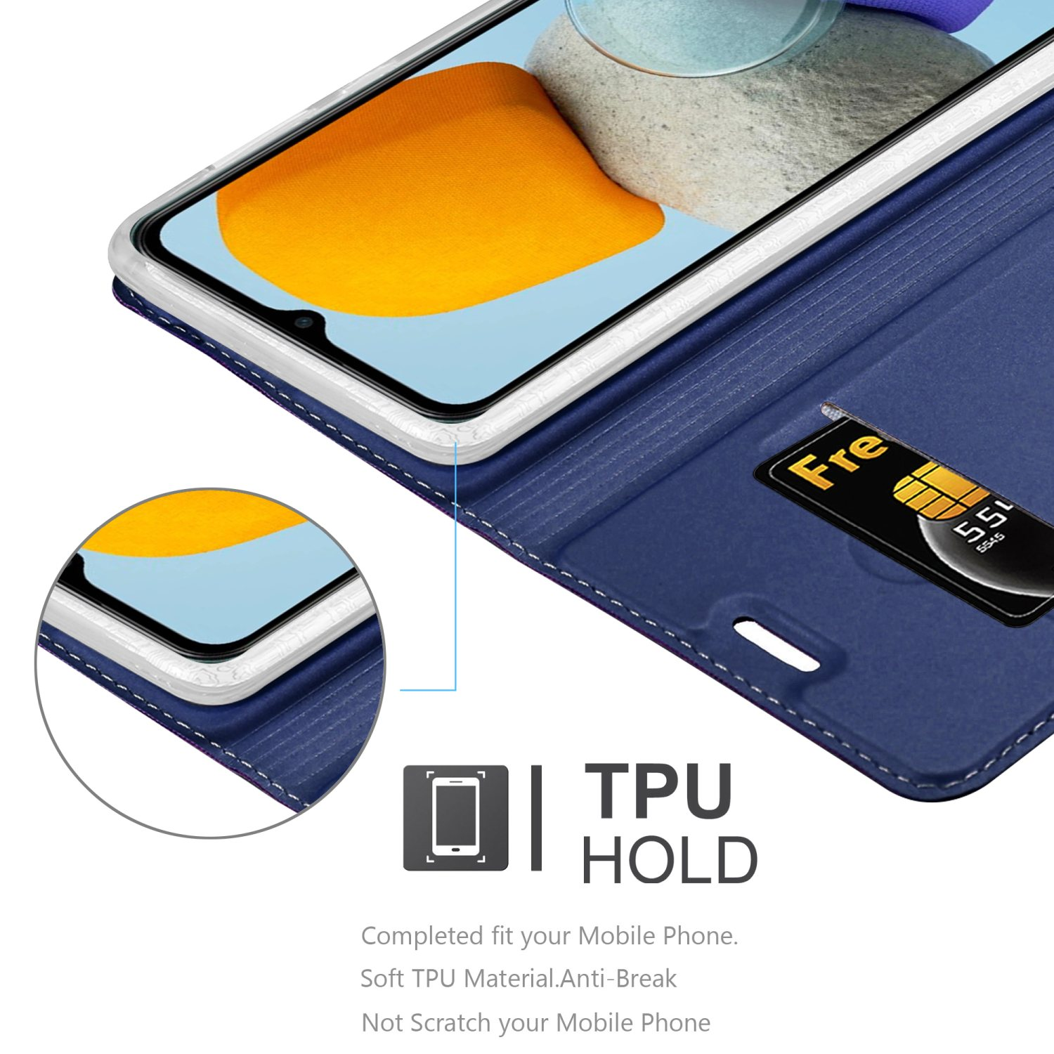 Una custodia blu con un telefono all'interno, con uno slot per una carta. Il testo recita: Supporto TPU.