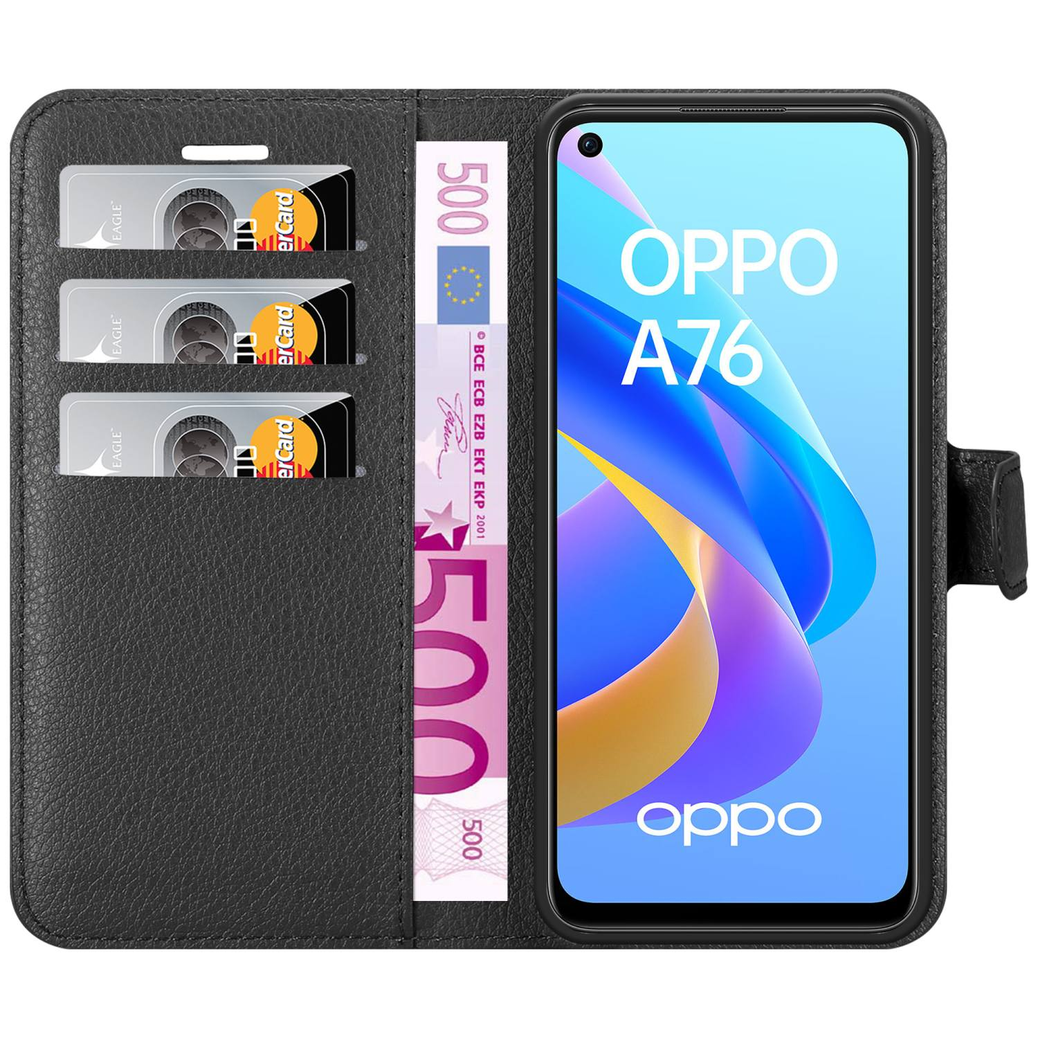 Custodia nera aperta. All'interno fessure per carte e contanti. Schermo del telefono visibile.