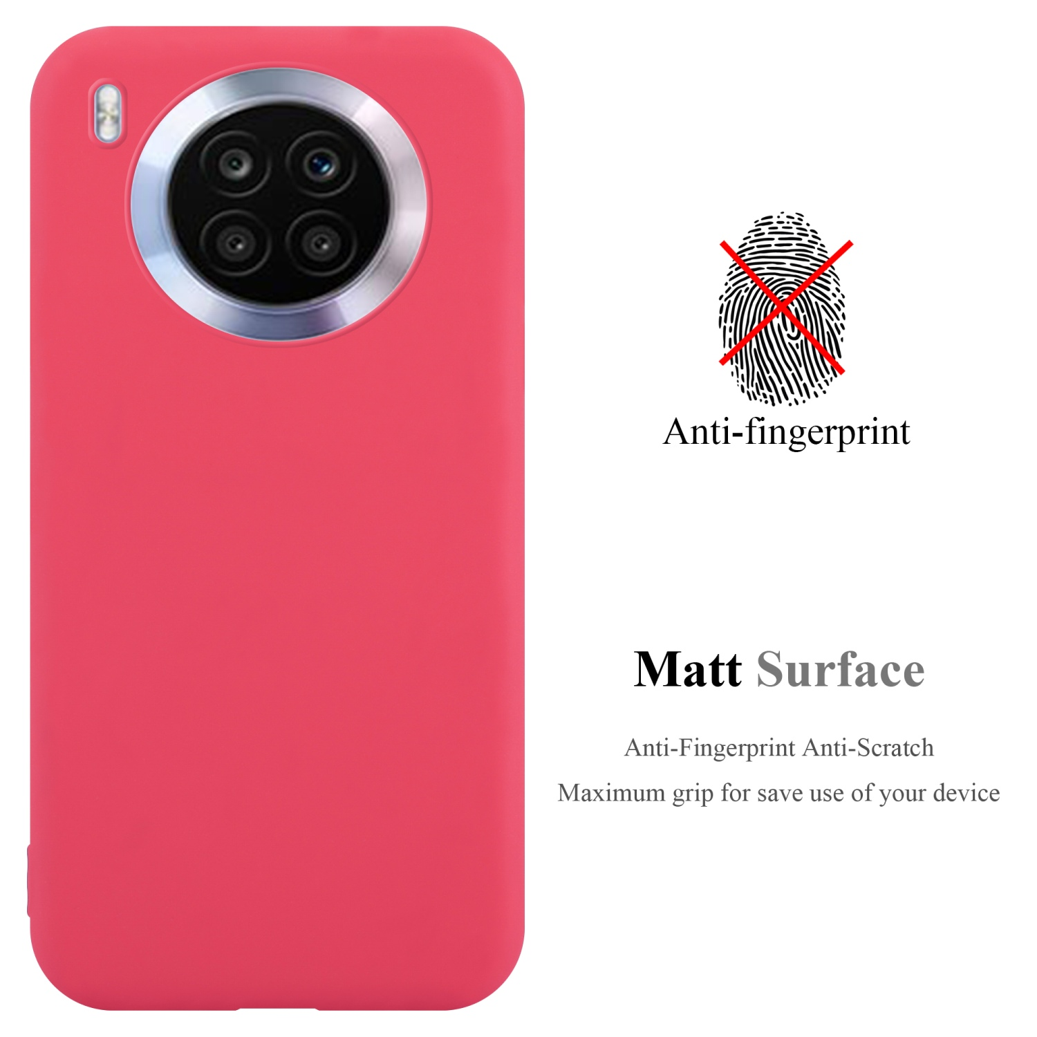 Una custodia per telefono rossa con un anello per fotocamera argentato e le parole anti-impronta e superficie opaca.