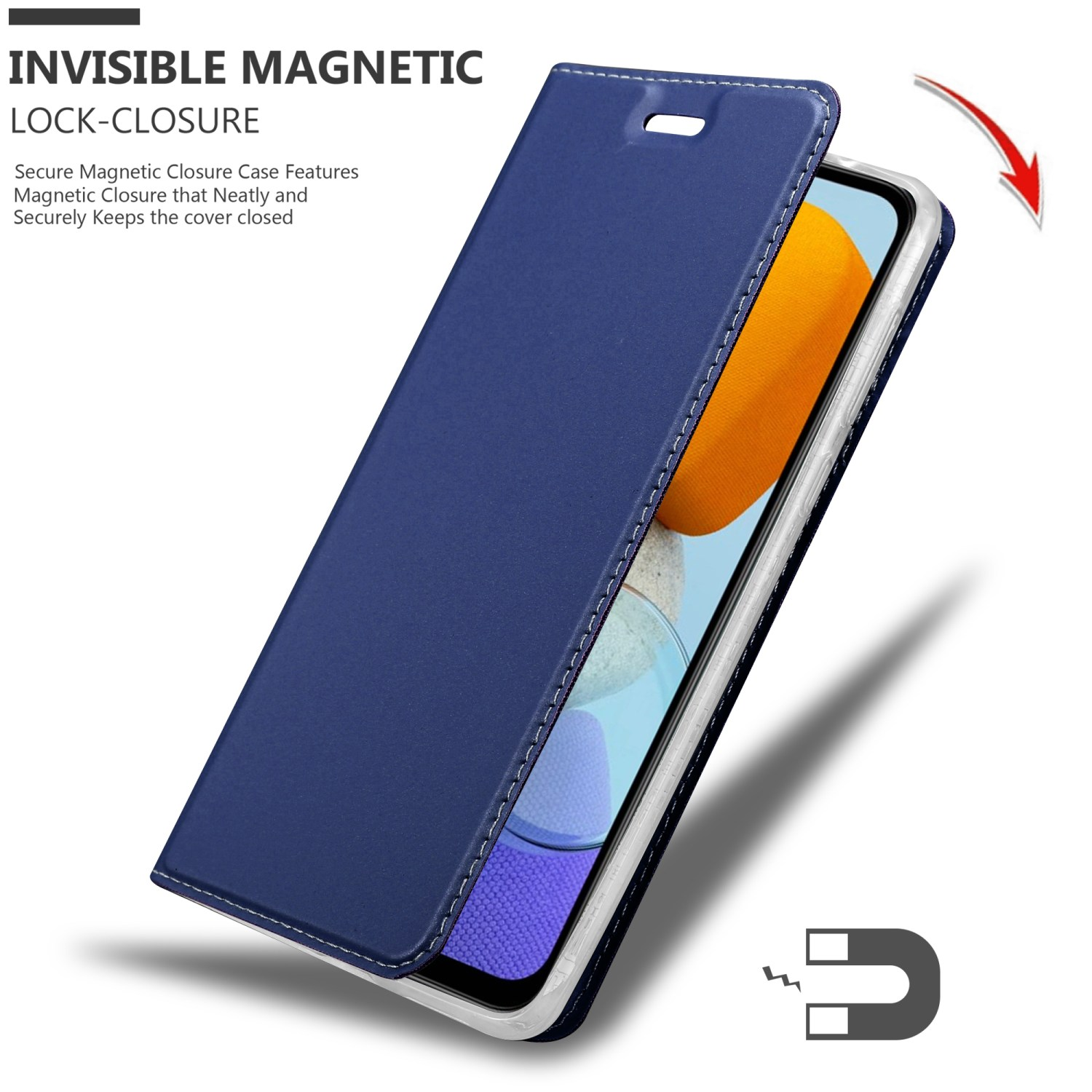 Custodia per telefono blu aperta, telefono all'interno. Testo: Chiusura magnetica invisibile. Magnete mostrato.