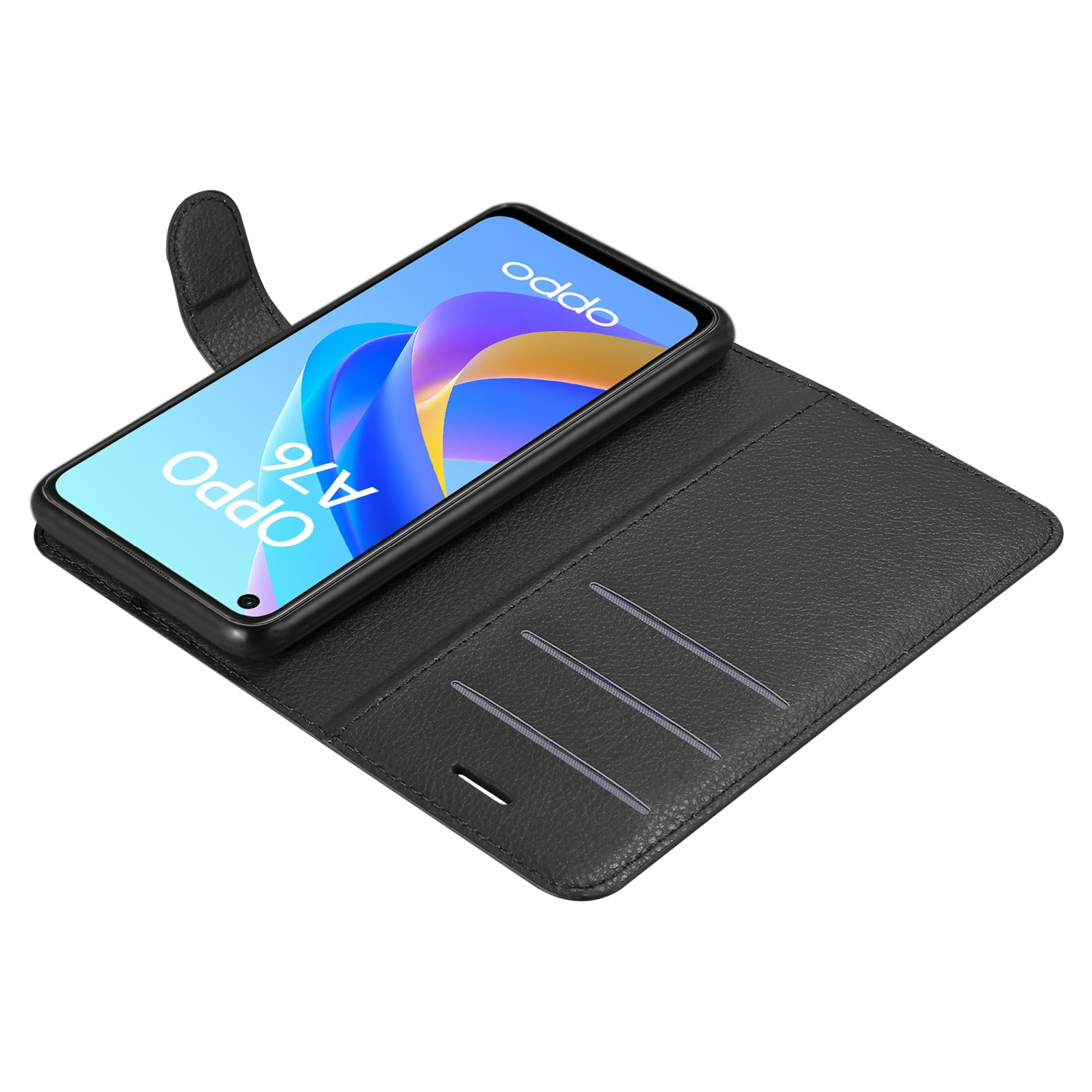 Custodia nera con telefono dentro. È aperta. Il telefono mostra il logo Oppo.