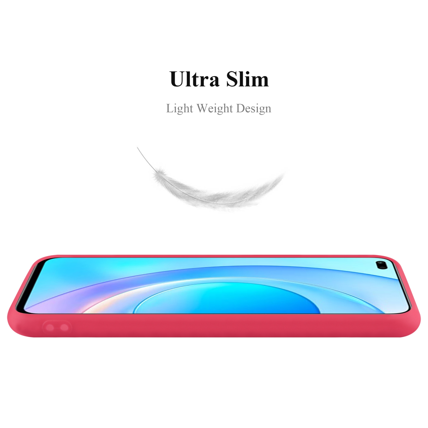 Custodia per telefono rossa vista di lato con una piuma sopra, che implica leggerezza.