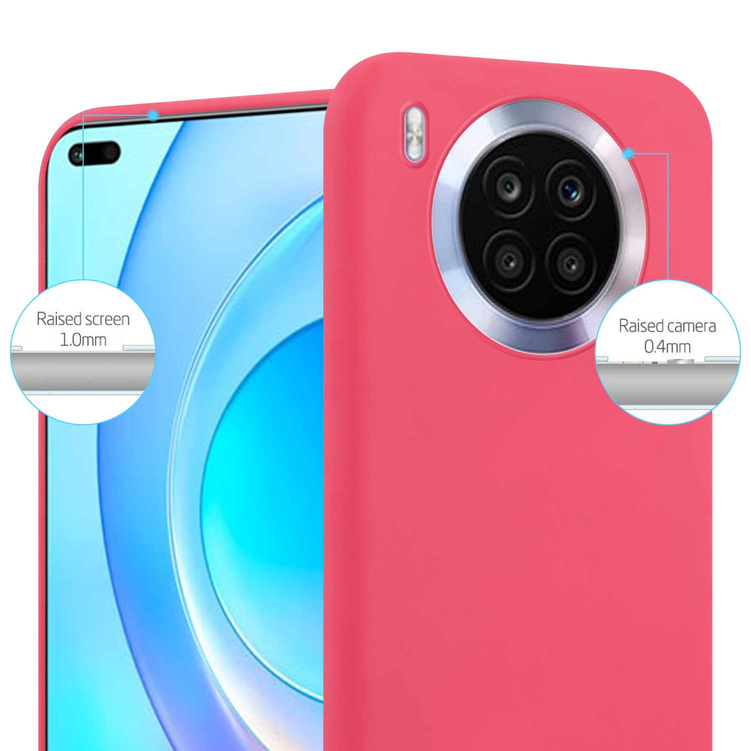 Custodia per telefono rosa, primo piano. Mostra la protezione della fotocamera e dello schermo.