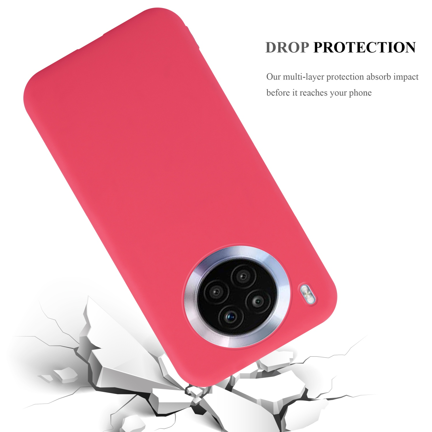 Custodia per telefono rossa, inclinata, con testo 'DROP PROTECTION'. Sfondo di roccia bianca rotta.