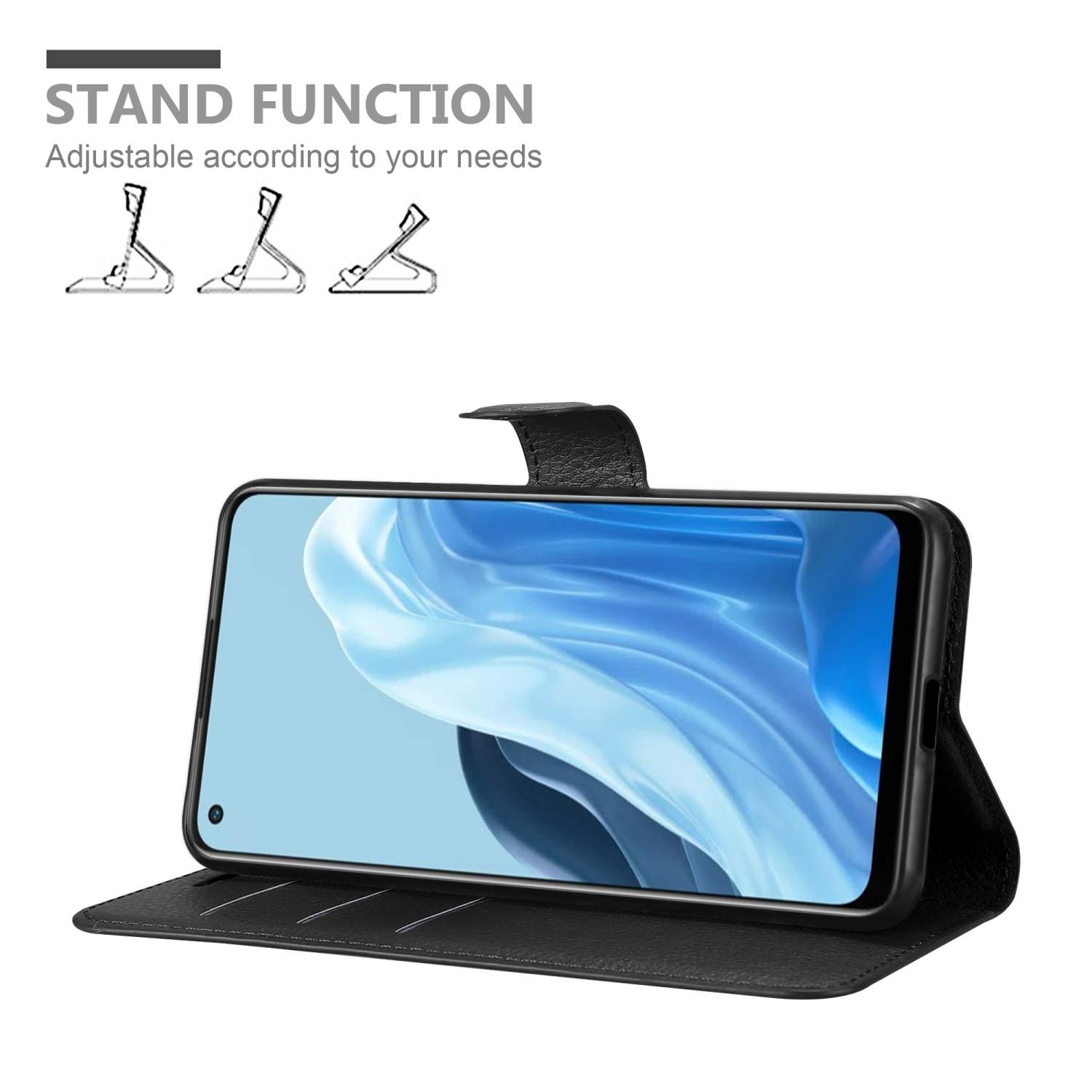 Custodia per telefono nera con telefono dentro, funzione stand e testo sopra.
