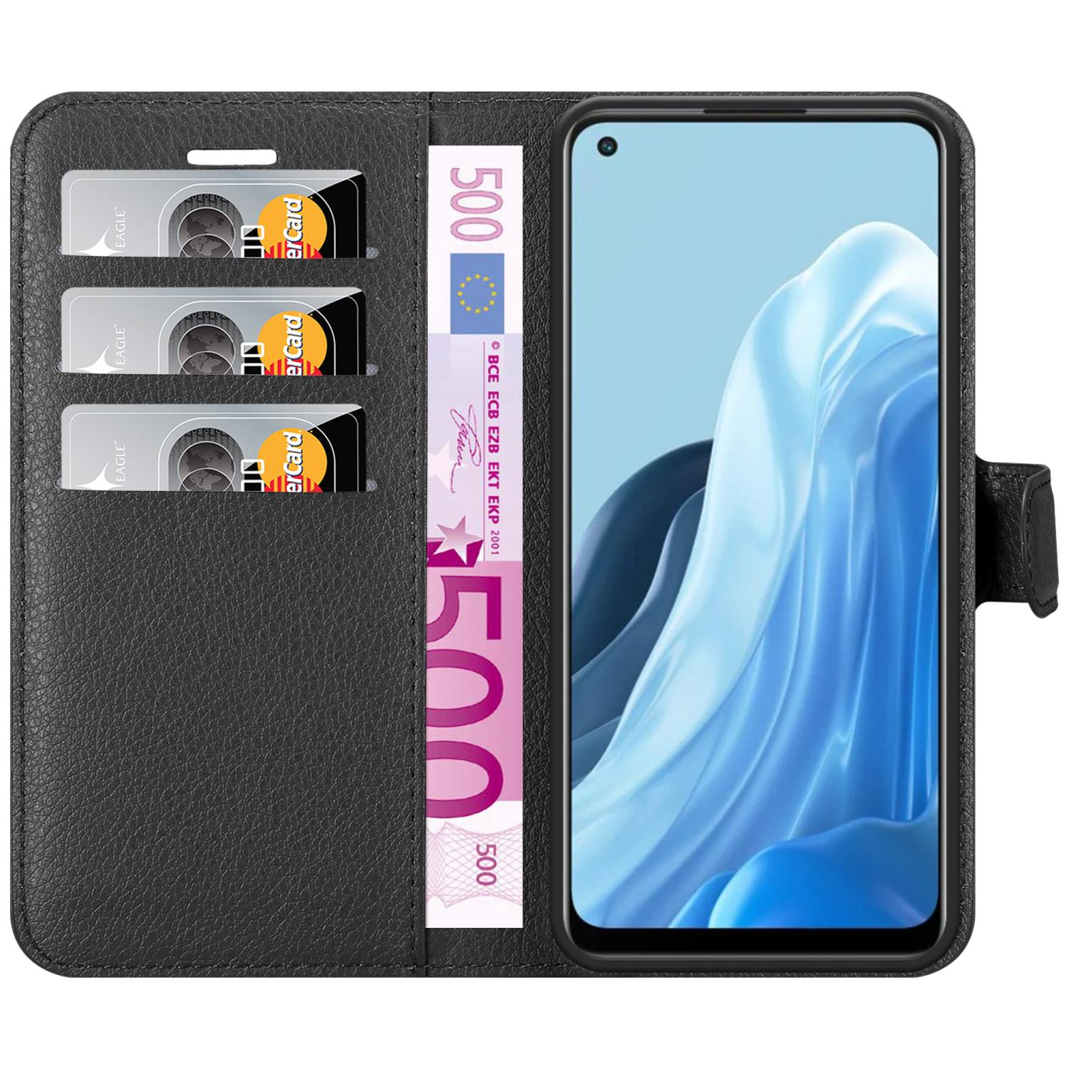 Custodia nera aperta con telefono e denaro dentro. Tre carte di credito nella custodia.