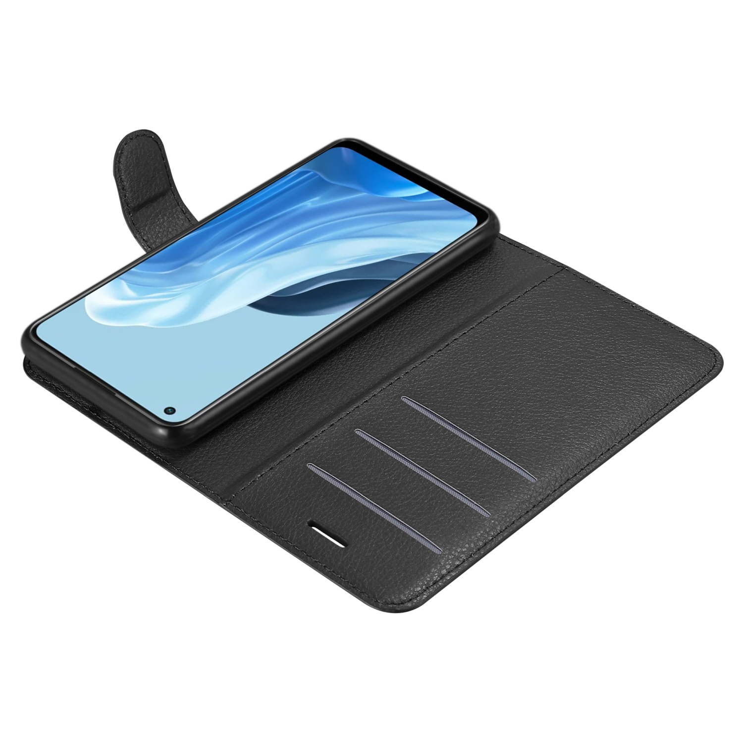 Custodia per telefono nera con telefono. La custodia ha tre fessure per carte. Il telefono è su una superficie bianca.