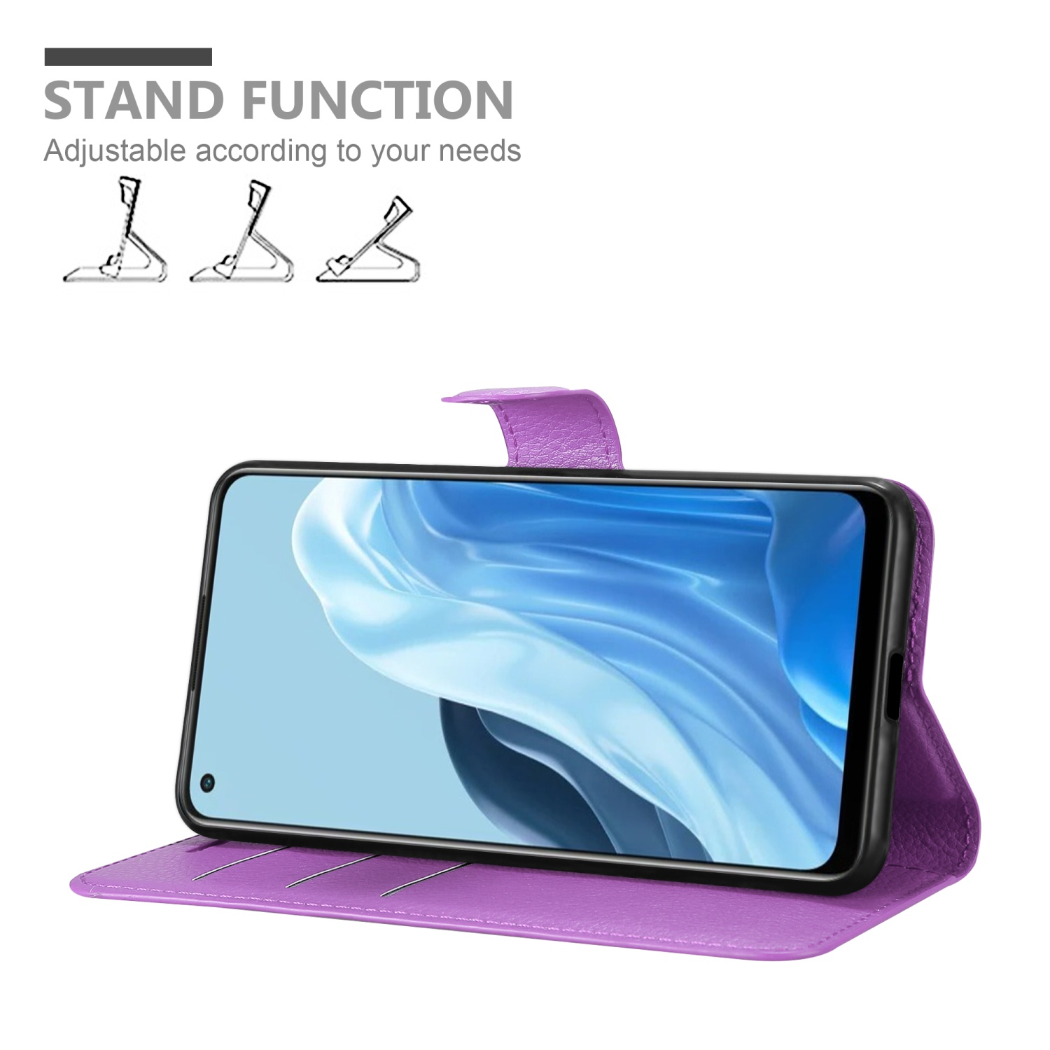 Custodia viola con telefono all'interno. Testo: Funzione supporto. Tre illustrazioni di posizioni del supporto.