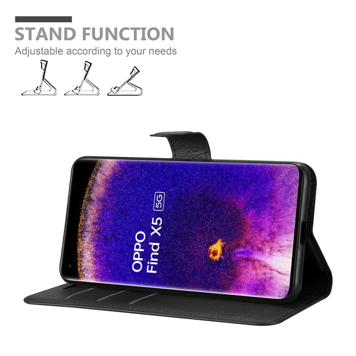 Schwarze Handyhülle mit Ständerfunktion. Telefon zeigt einen lila Bildschirm mit dem Text 'OPPO Find X5 5G'.