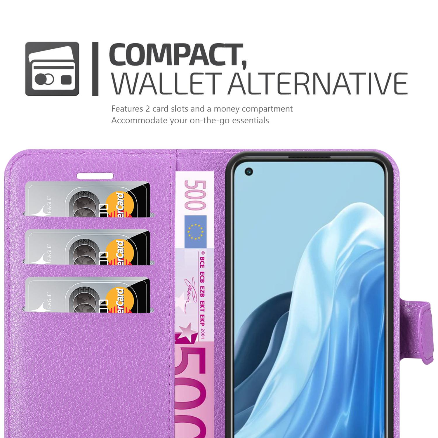 Custodia per telefono viola con fessure per carte e scomparto per contanti.