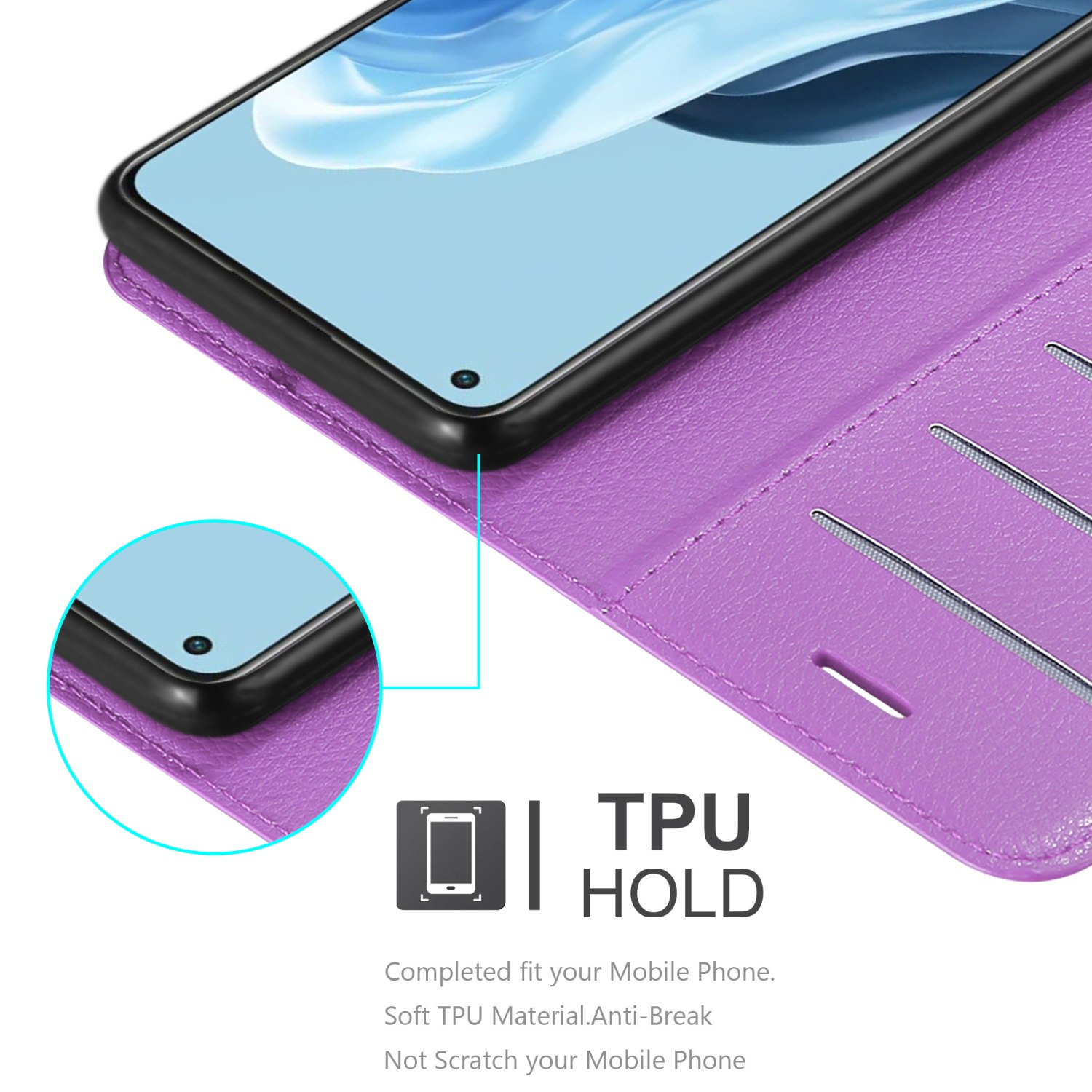 Custodia per telefono viola con telefono all'interno. Testo: TPU Hold. Completa il tuo cellulare. Anti-rottura.