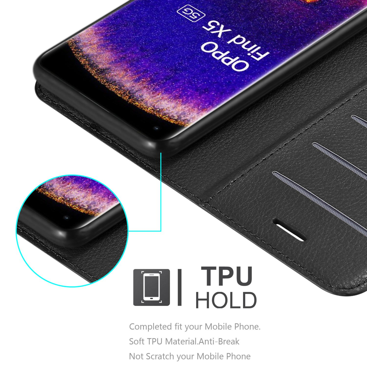 Offene, schwarze Handyhülle mit Telefon. Oppo-Logo. Text: 'TPU HOLD'.