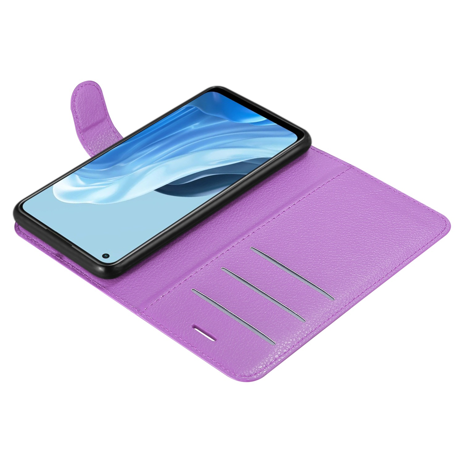Custodia viola per telefono. Telefono all'interno con schermo azzurro. Tre slot per carte sono visibili.