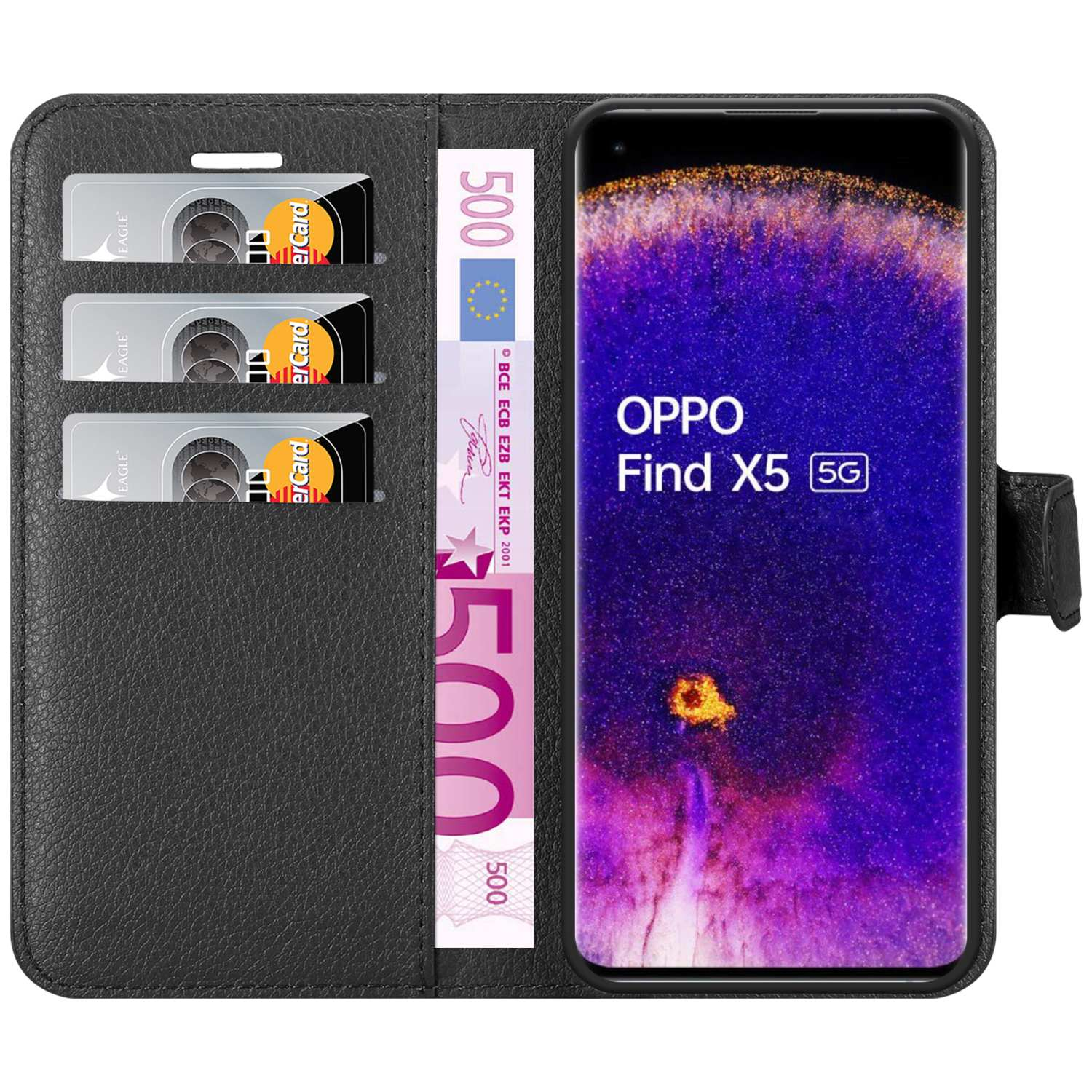 Schwarze Handyhülle mit Telefon, Kreditkarten und Geld. Oppo Find X5 5G wird angezeigt.