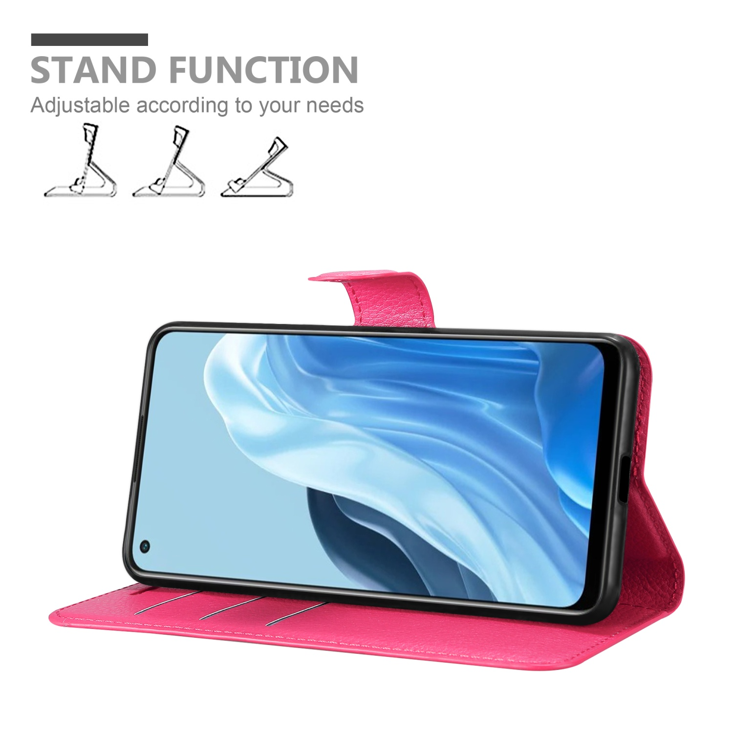 Custodia per telefono rosa, aperta, con telefono. Testo: Funzione supporto. Lo schermo del telefono mostra arte astratta.
