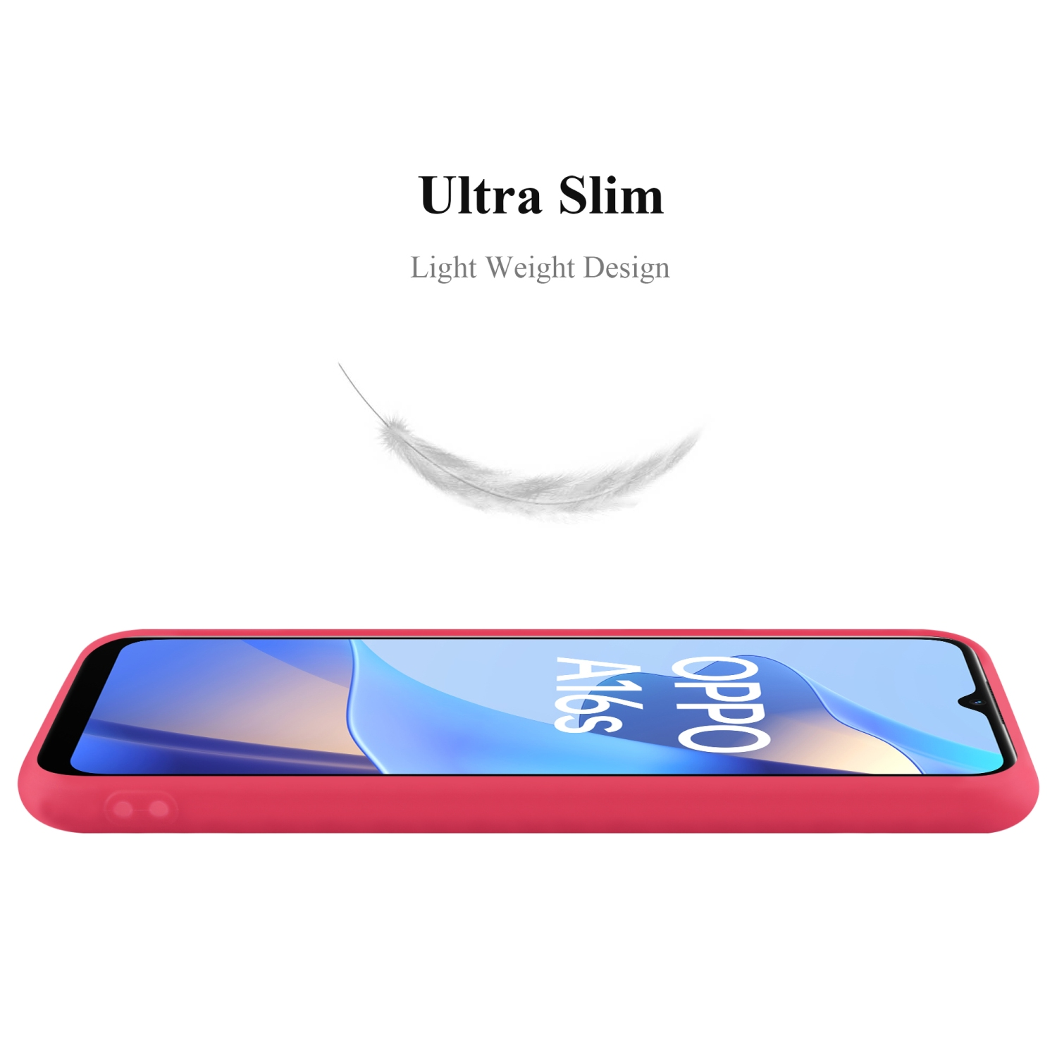 Custodia per telefono rossa con una piuma che fluttua sopra, testo di design ultra sottile e leggero sullo sfondo.