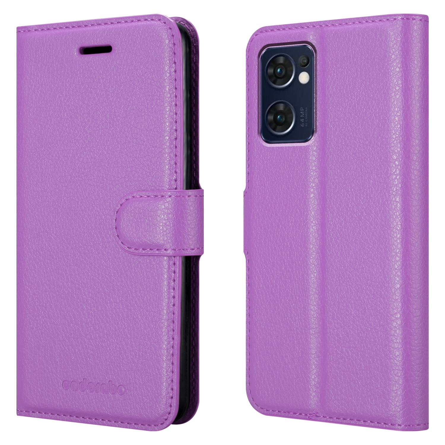Custodia per telefono viola, chiusa a sinistra e aperta a destra, che rivela la fotocamera e i pulsanti.