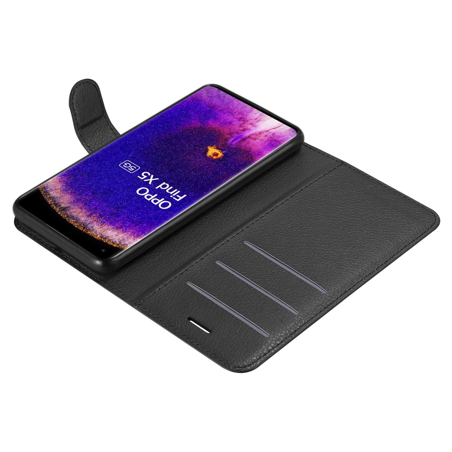 Schwarze Brieftaschen-Handyhülle geöffnet, mit Telefon darin. Hülle hat Kartenfächer.