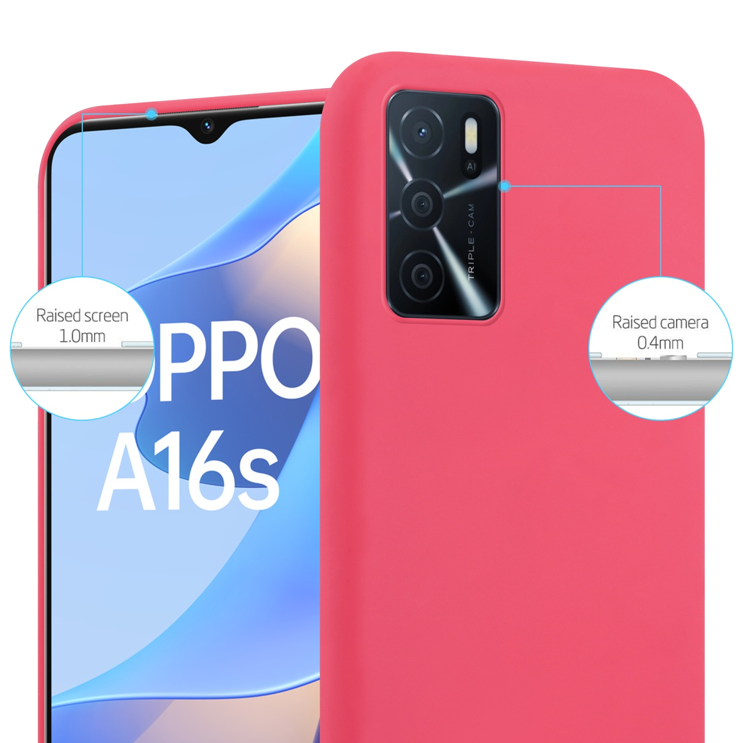 Custodia per telefono rossa con un telefono all'interno, che mostra i dettagli dello schermo e della fotocamera. Il telefono è etichettato 'OPPO A16s'.