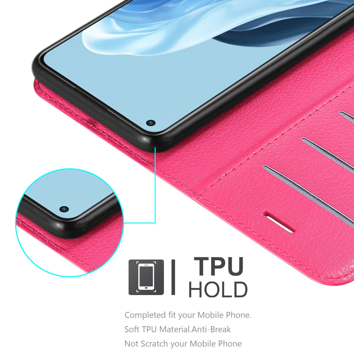 Viene visualizzata una custodia per telefono rosa con un telefono all'interno.