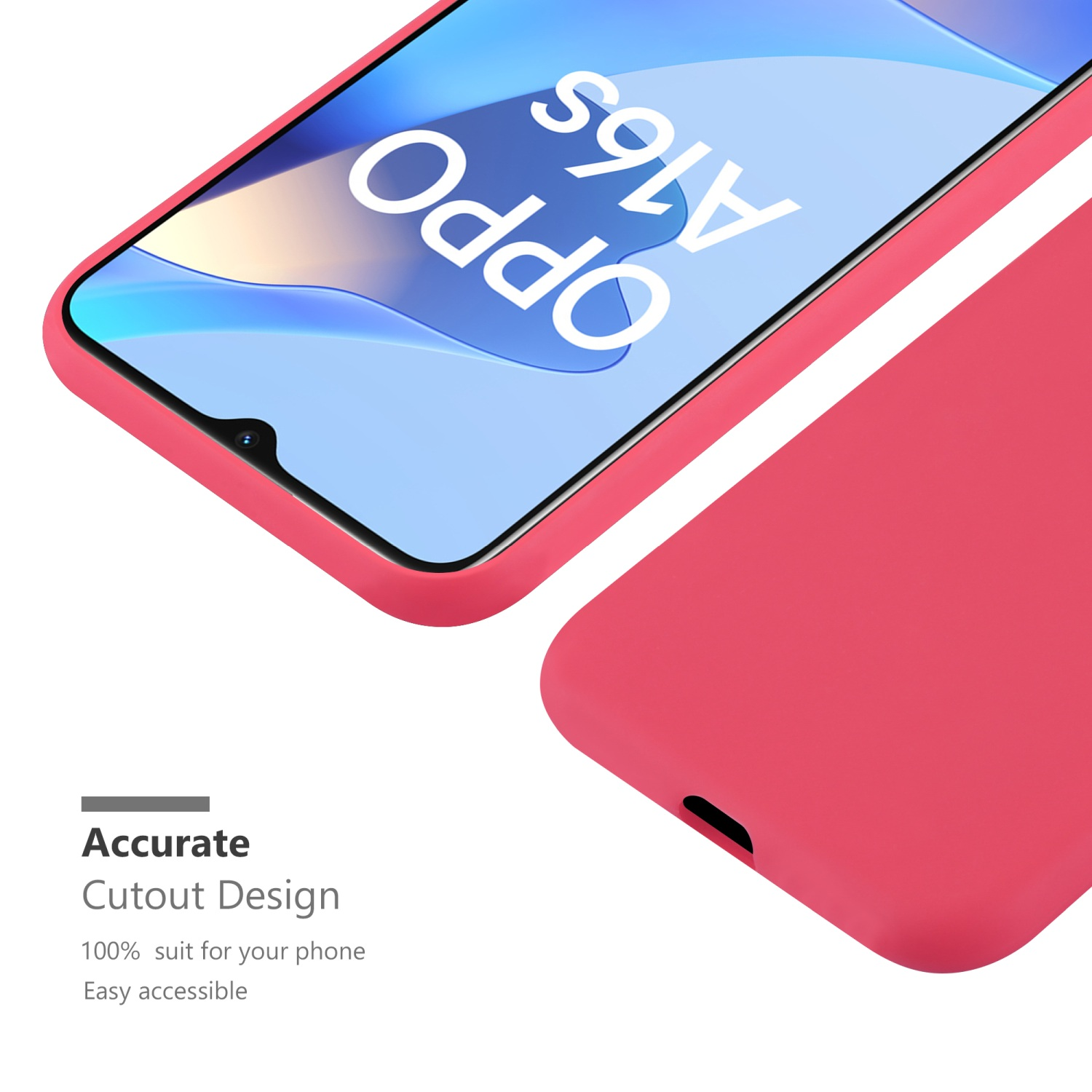Una custodia per telefono rossa con un telefono. Il telefono è un OPPO A16s. Il design è accurato e accessibile.
