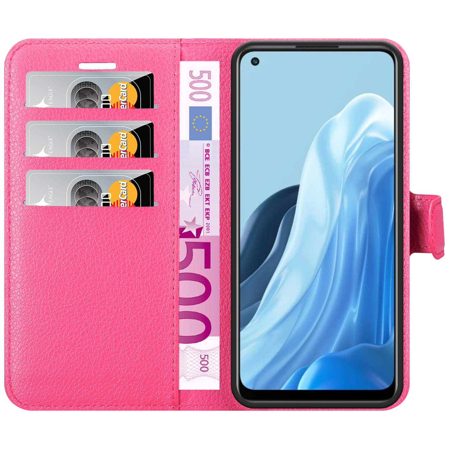 Custodia rosa con carte, denaro e telefono che mostra un'immagine astratta.
