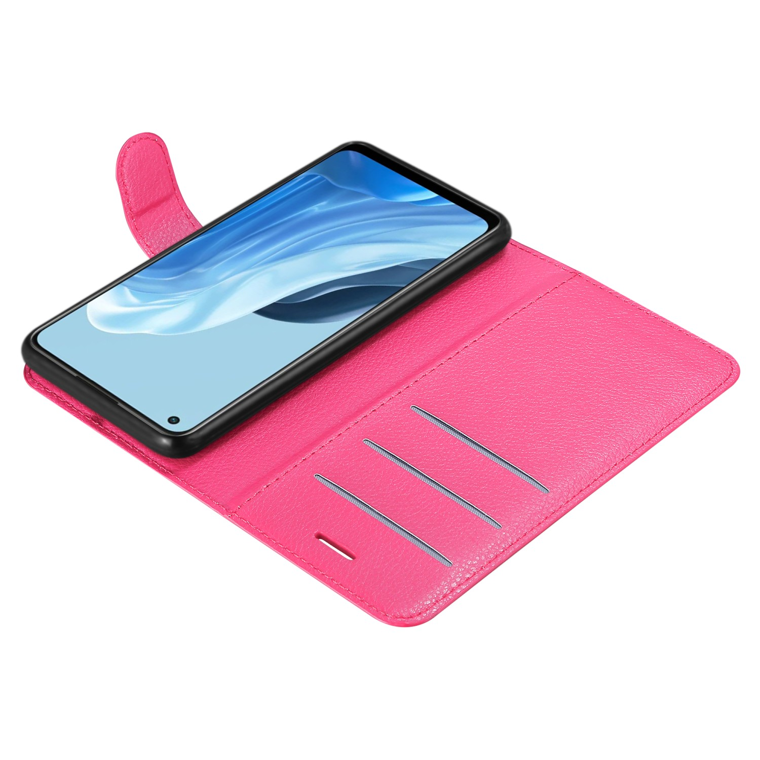 Custodia rosa aperta con un telefono nero all'interno. La custodia ha fessure per carte. Sfondo bianco.