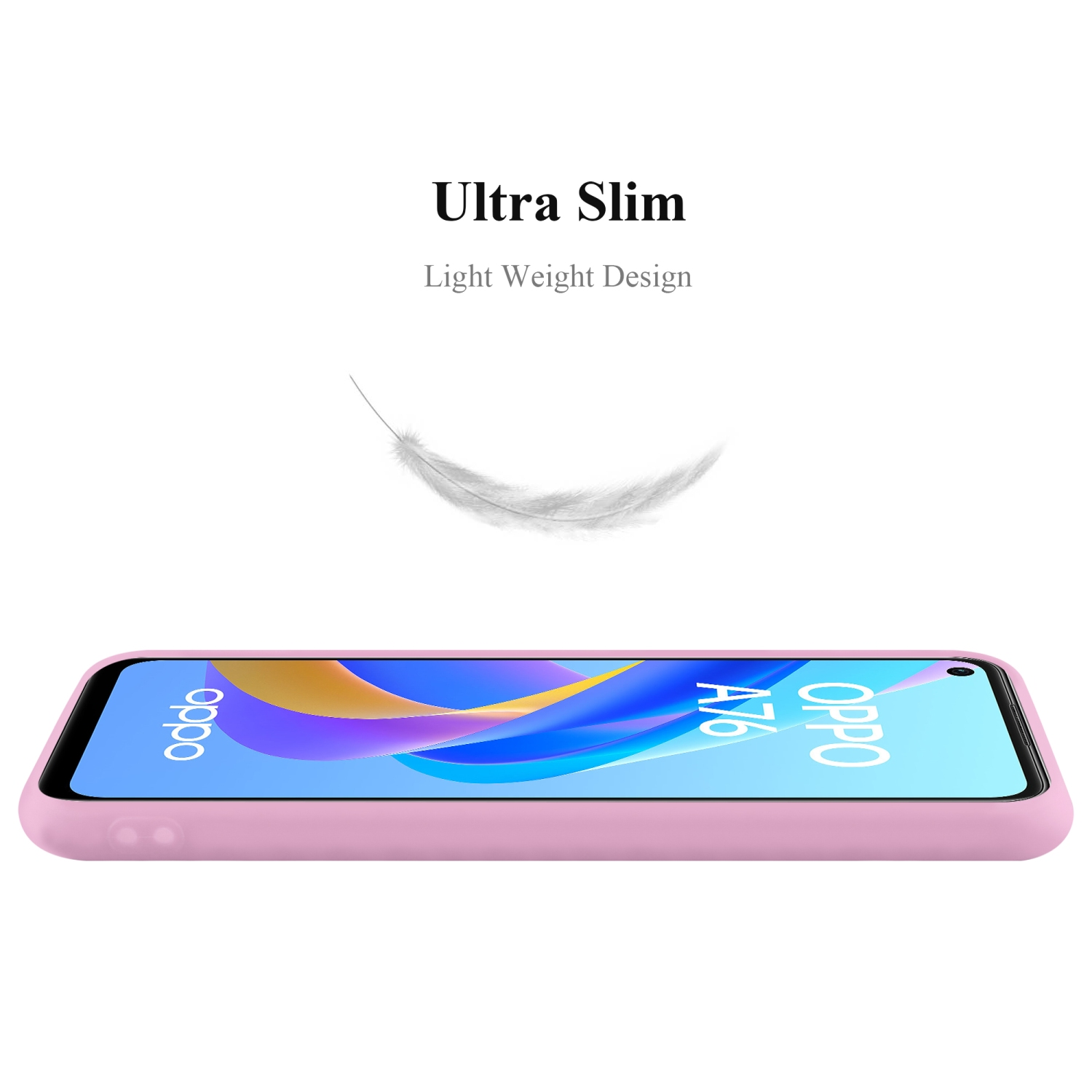 Rosa Handyhülle liegt flach, mit Text 'Ultra Slim'. Eine kleine weiße Feder schwebt über der Hülle.