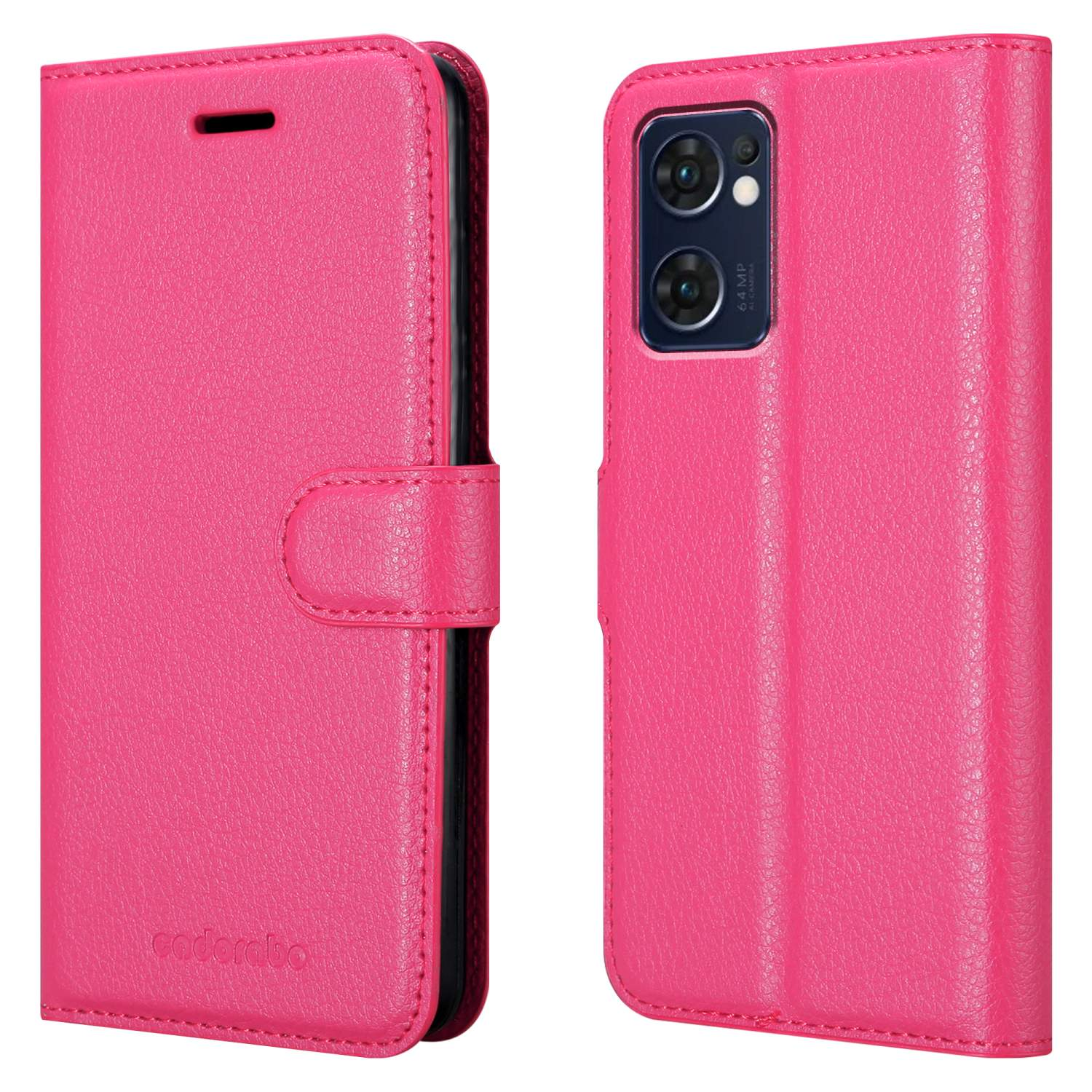 Custodia per telefono rosa con chiusura magnetica. La custodia è chiusa a sinistra e aperta a destra.
