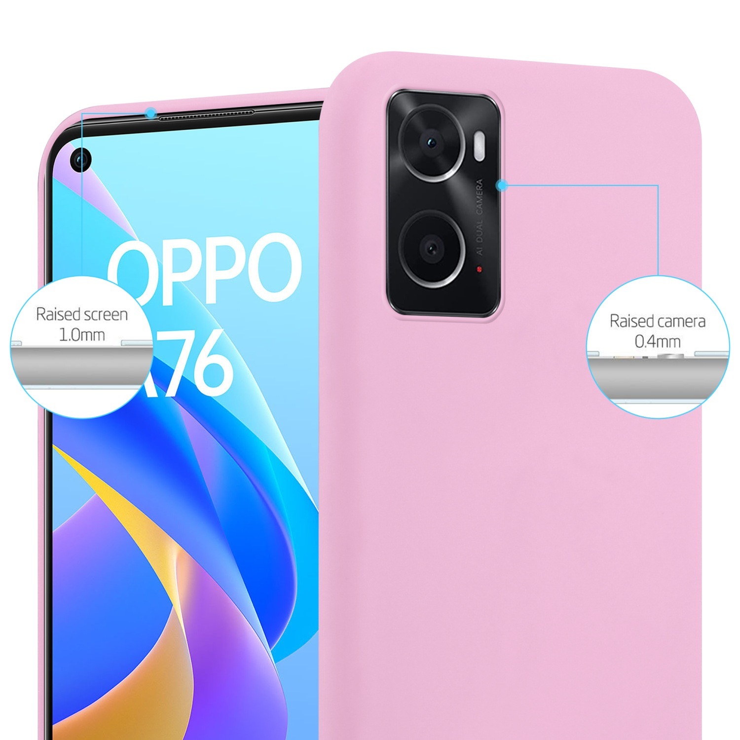 Eine rosa Handyhülle mit einem Telefon. Die Hülle hat ein Kamera Loch. Das Telefon hat einen erhöhten Bildschirm und eine Kamera.