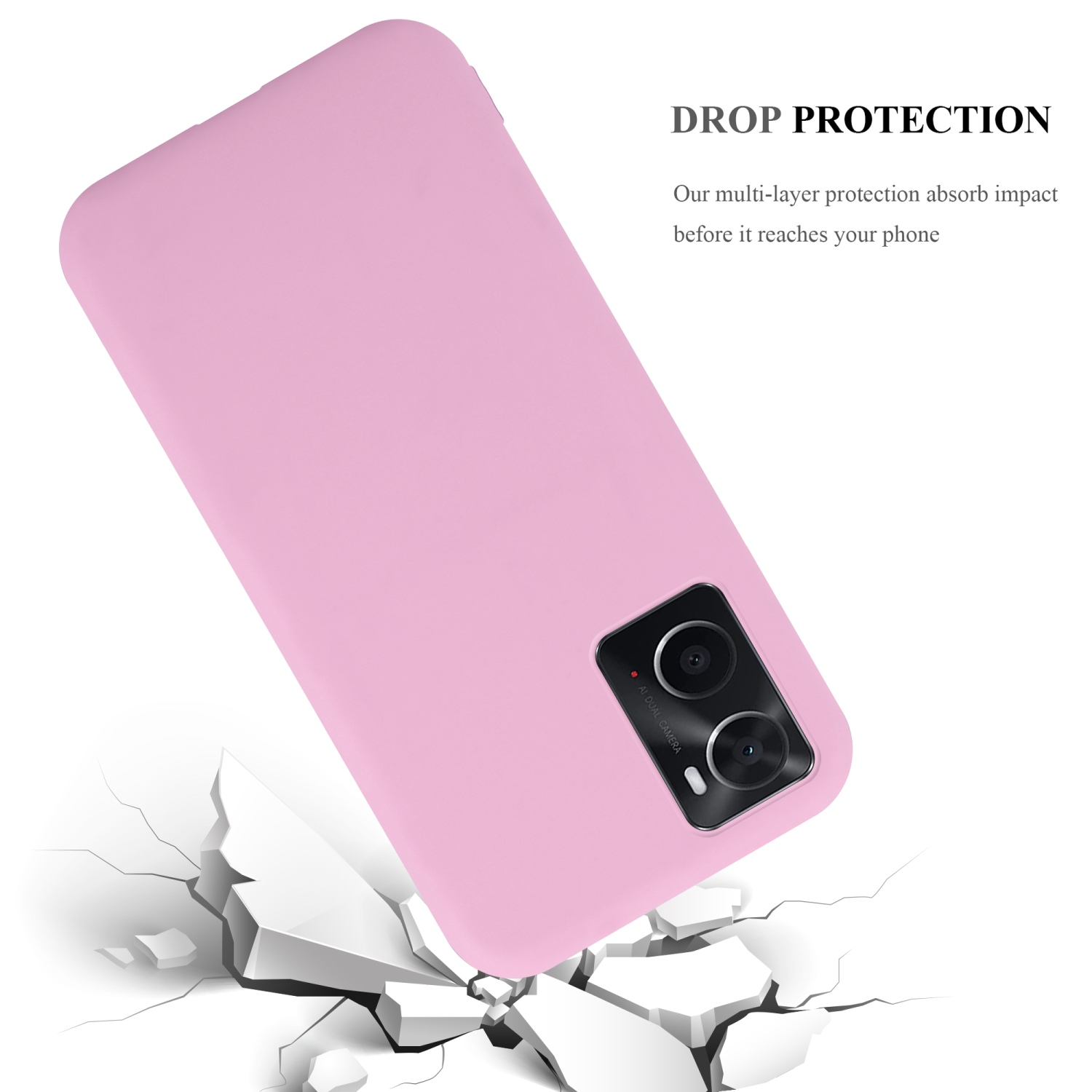 Rosa Handyhülle mit Handy. Die Hülle liegt auf einer weißen Oberfläche mit Riss-Effekt.