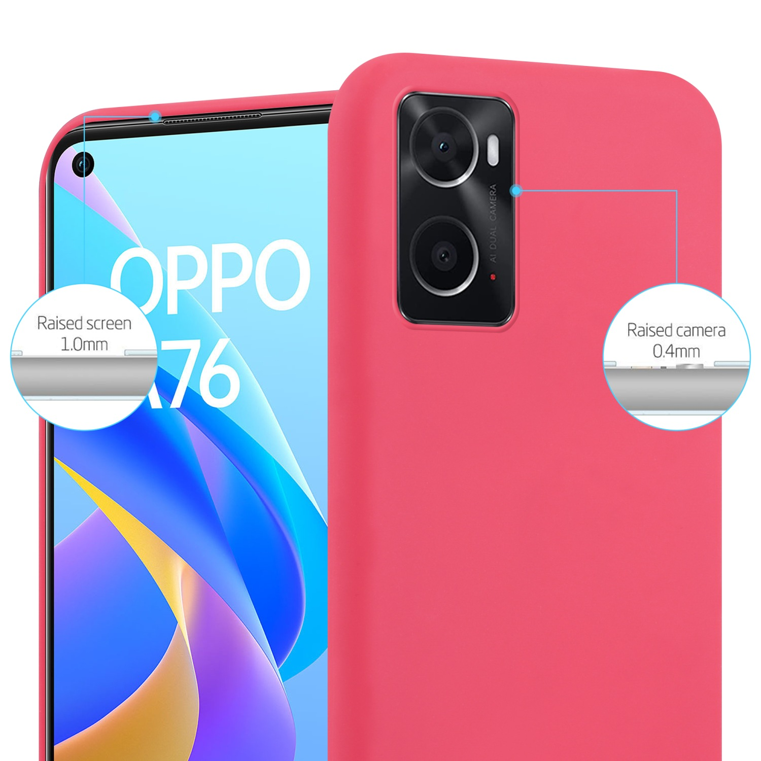 Rosa Handyhülle auf einem Telefon mit erhöhtem Bildschirm und Kamera. Das Telefon ist rot.